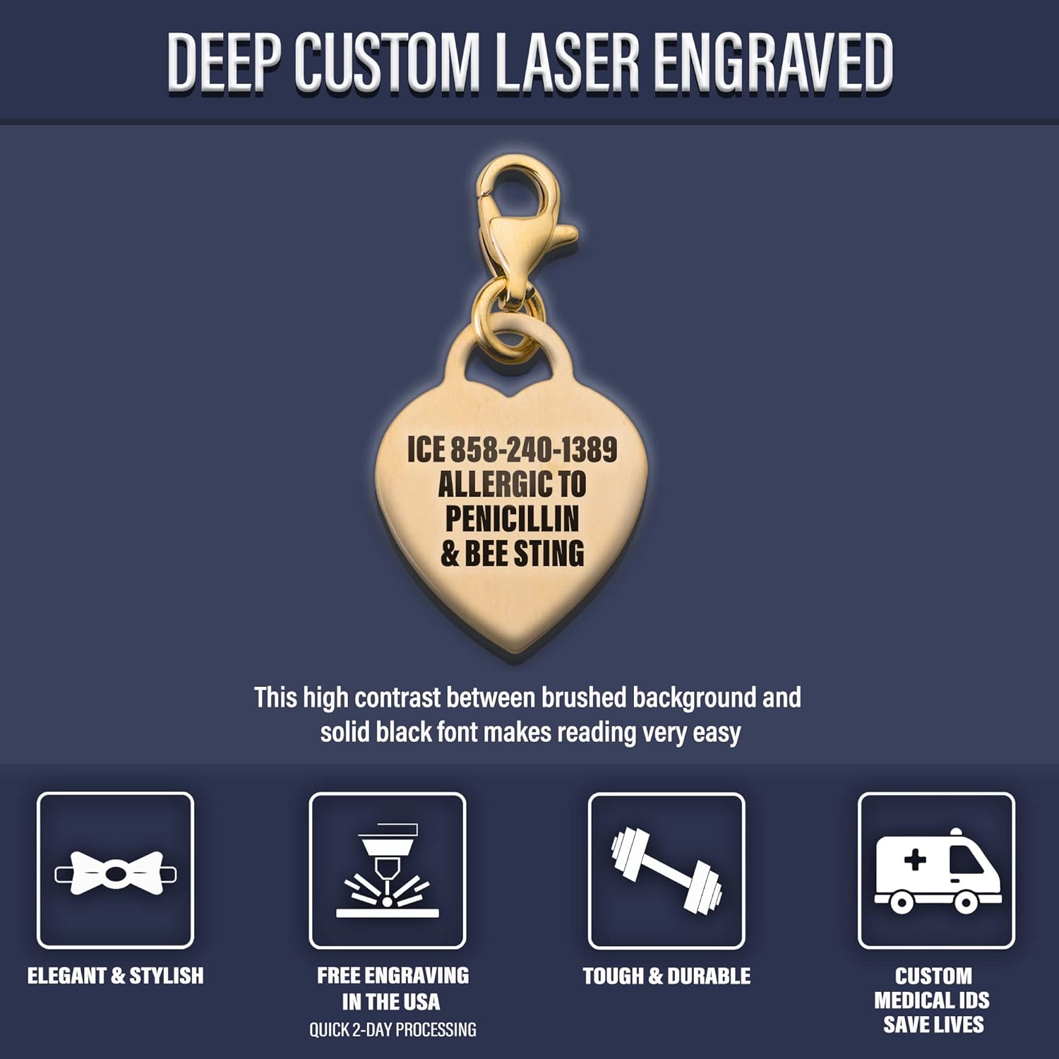 Divoti Deep Custom Laser Engraved Premier PVD 316L Medical Alert ID Heart Charm with Lobster Clasp | Durable & Heavy Duty Construction | Stylish & Comfortable Design | Recognized Caduceus Symbol