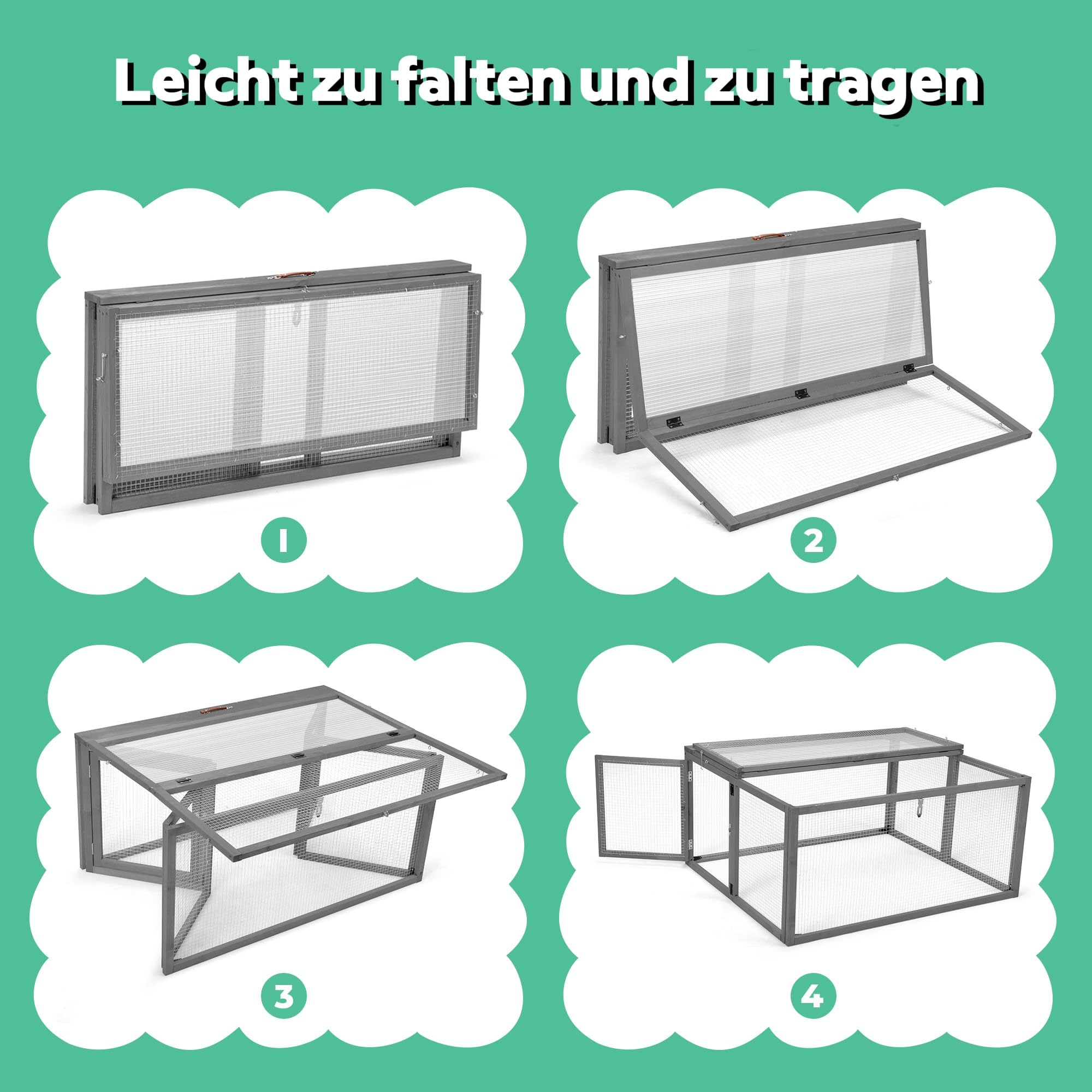 Kaninchenstall, Klappbarer Freilaufgehege aus Holz mit Sonnenplatte & Drahtgitter, 110x94x54 cm, Wetterfest für Kaninchen & Meerschweinchen im Außenbereich