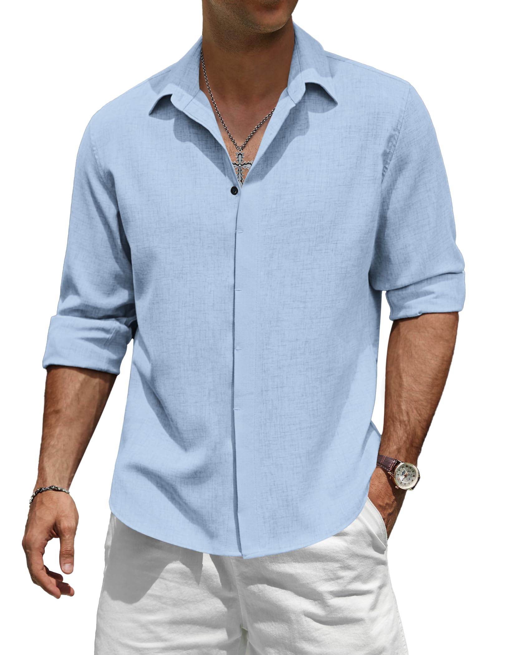 TARAINYA Camicia Uomo Lino Manica Lunga Estiva Regular Fit con Bottoni Nascosti