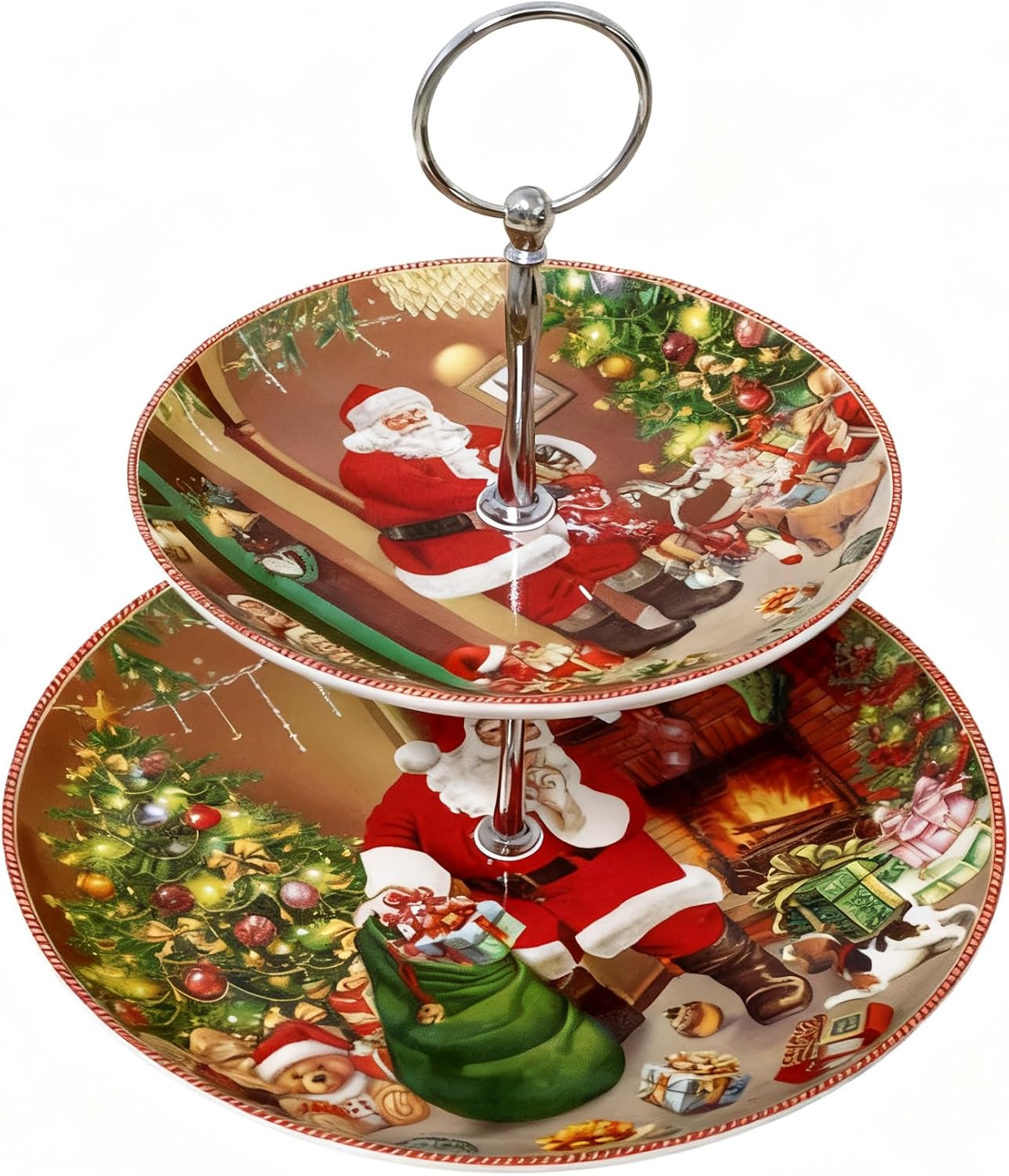 2-Tier Red Christmas Porcelain Cupcake Dessert Stand, Xmas Ceramic Cake Snack Scones Crackers Fruit Appetizers Pastry Tiered Platters Serving Tray for Tea Party Bridal Shower with Gift Box (Xmas Man)