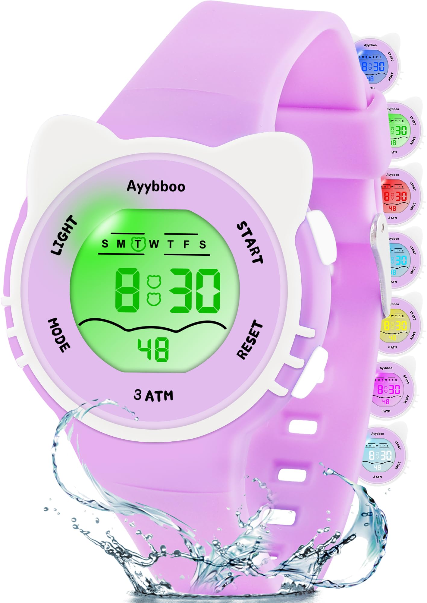 Ayybboo Kinderuhr Mädchen Jungen,7 Farblichter Armbanduhr Kinder mit Katzenmotiv,3 ATM Wasserdicht Digitaluhr Kinder für 4-12 Jahre Weihnachten Einschulung Geschenke