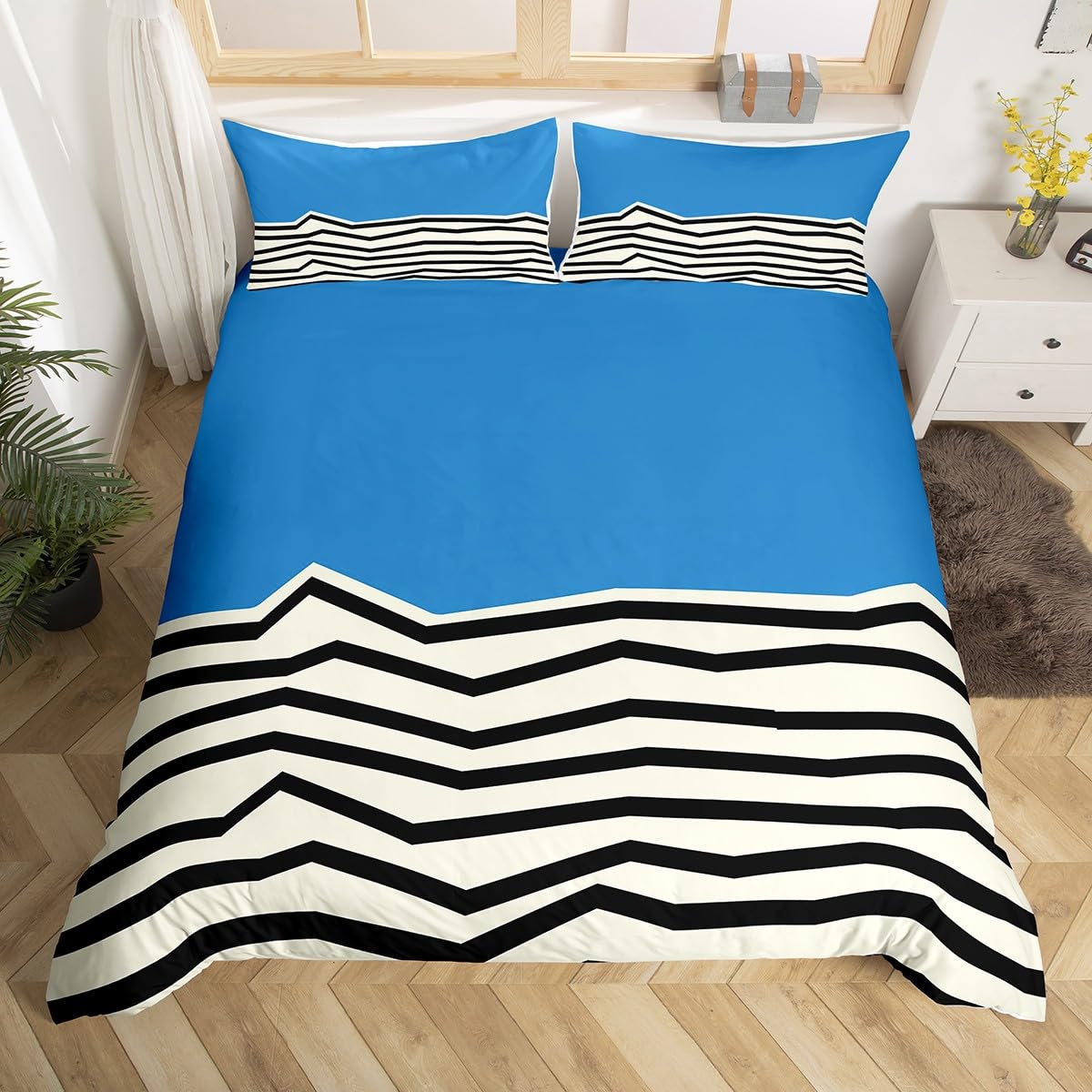 Homewish Bright Blue White Geometric King Duvet Cover Set - Abstract Black Wavy Striped Bedding with 2 Pillowcases - Mid-Century Modern Stripe Printed Microfiber Quilt Cover Art Deco Bed Sets