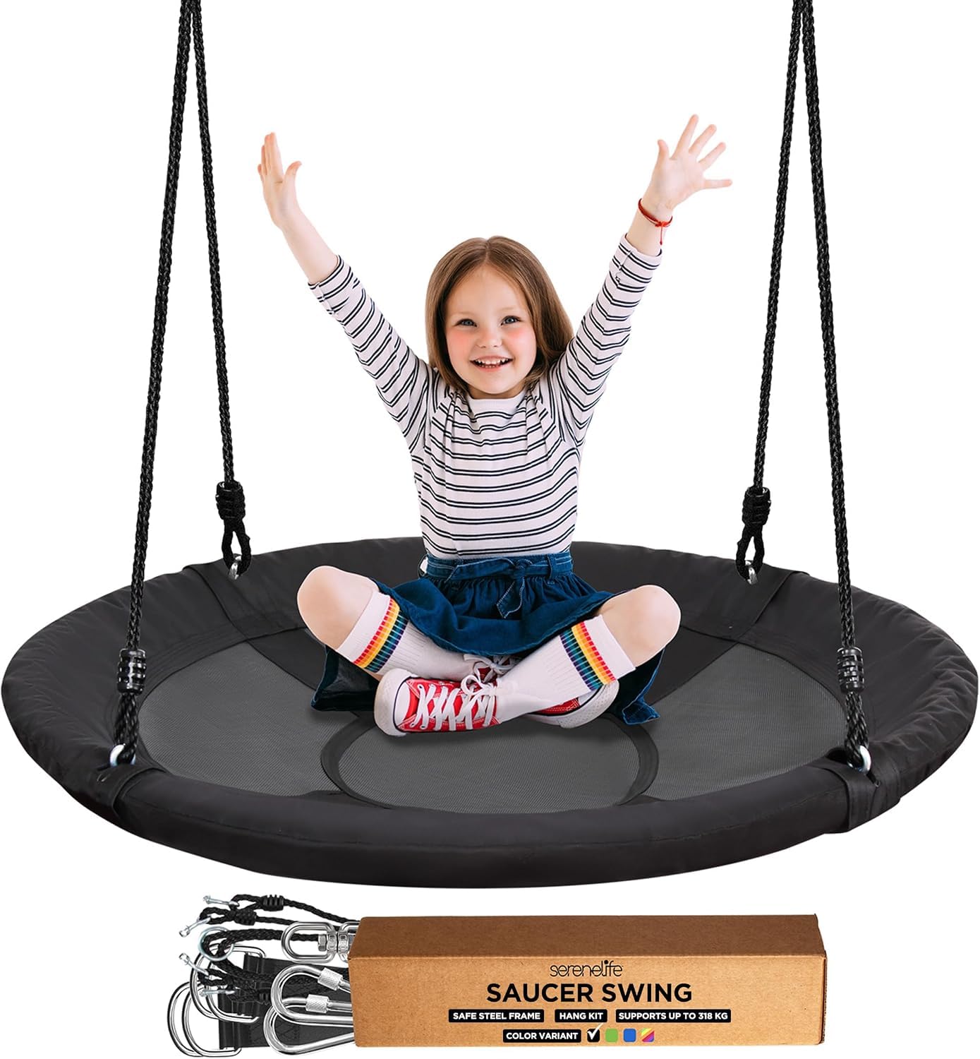 SereneLife Tree Swing Seat, Large Round Saucer Kids Swings, Adults and Kids Nest Swing, Durable Frame, 270kg Capacity, Indoor Outdoor Hanging Rope Swinging Seat for Backyard, Garden and More – Black