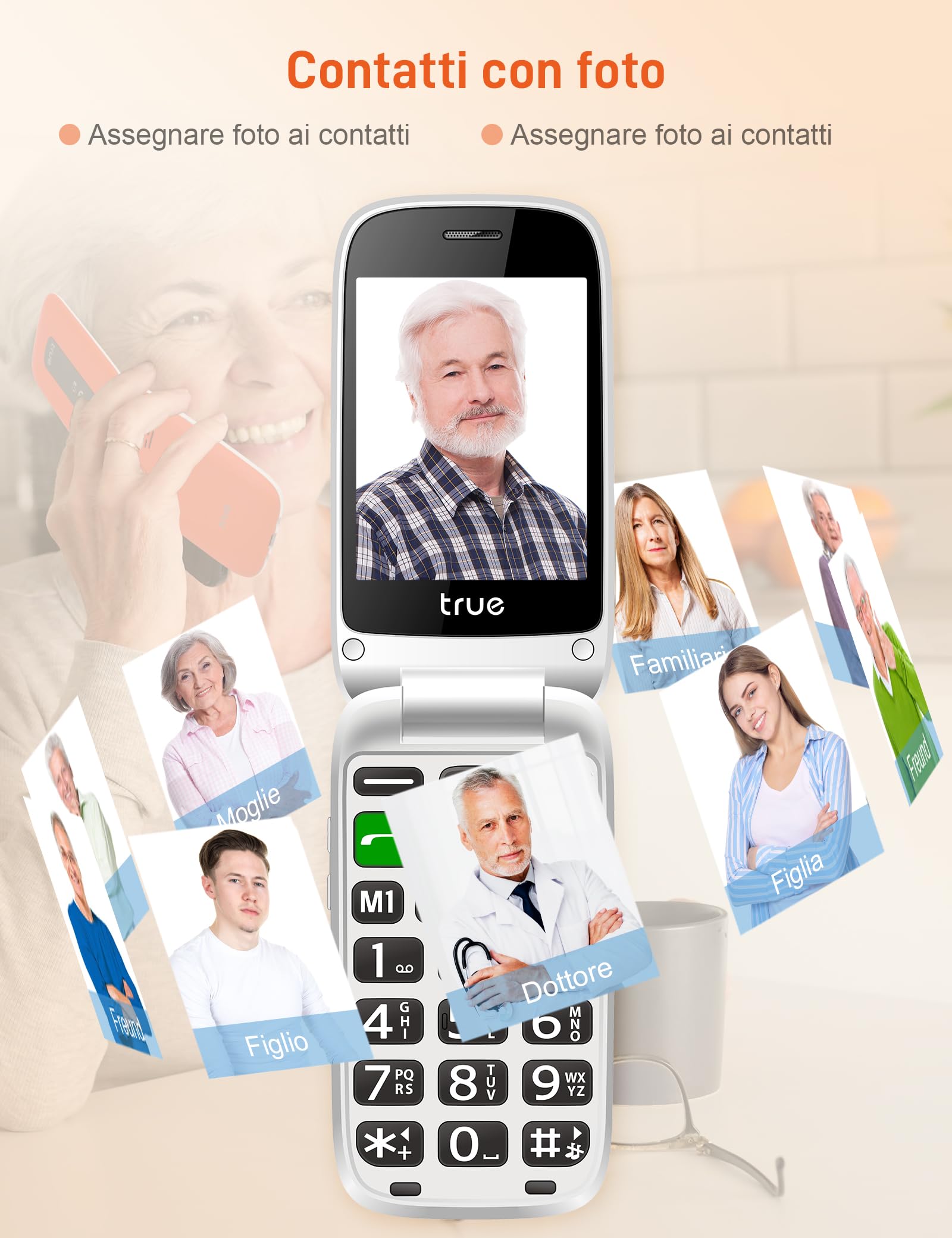 TRUE S70 Telefono Cellulare Flip per Anziani con Tasti Grandi 2G GSM | Display 2,8", Pulsante SOS, Allarme Caduta, 2G GSM, Contapassi, fotocamera, Base di Ricarica, Arancione