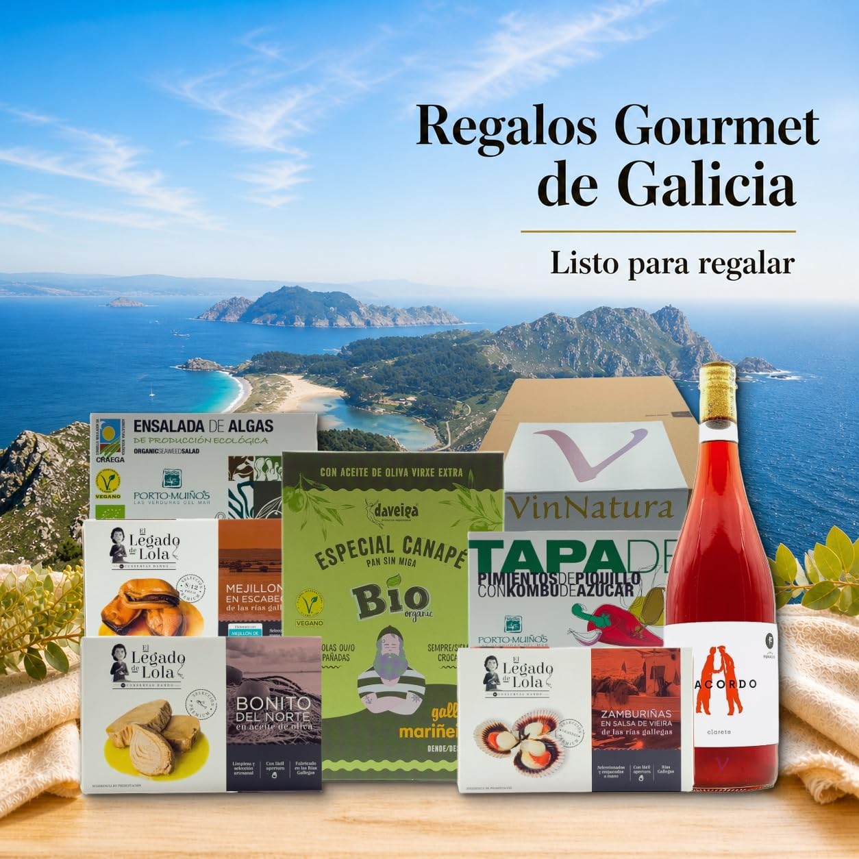 Caja Regalo Ons de VinNatura con Conservas Gourmet y Vino Rosado Natural | Regalo gourmet gallego, regalos de empresa, cesta con vino, elaboración tradicional, tarjeta personalizable