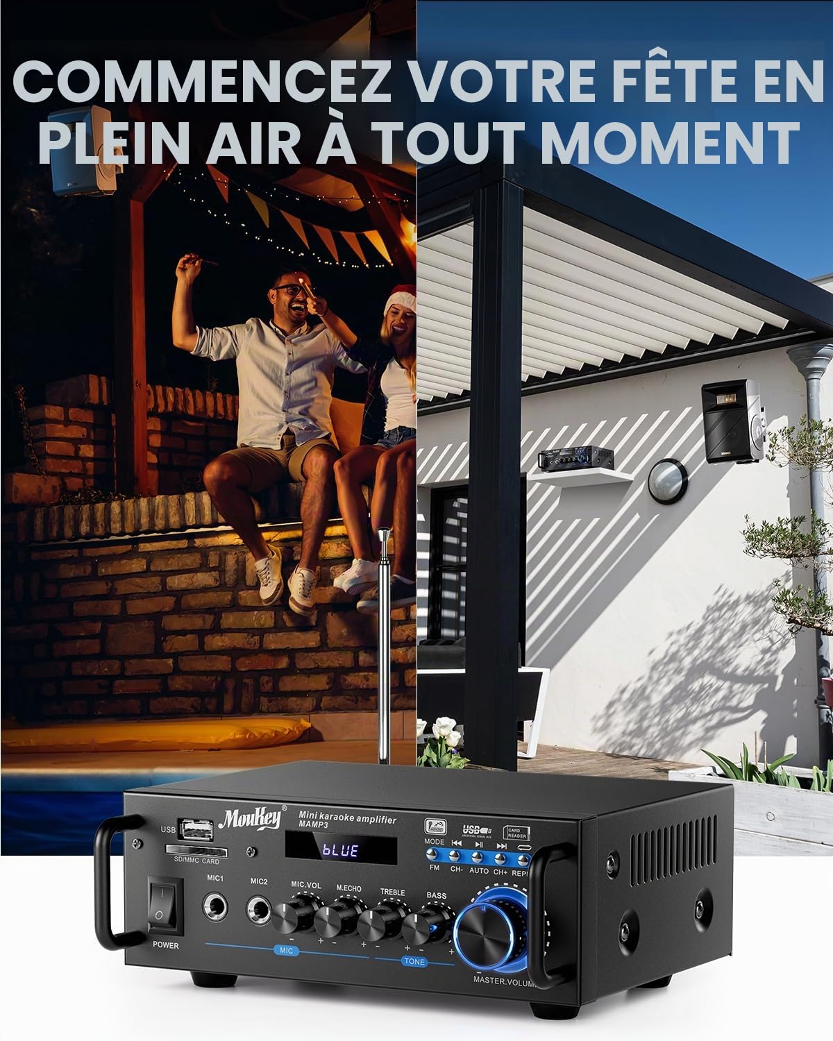 Moukey Amplificateur Audio 2.0 Canaux, Amplificateur Stéréo Bluetooth 5.0 100W, Amplificateur HiFi, Radio FM Portable, Entrée Carte SD/USB, pour Voiture ou Maison, MAMP3