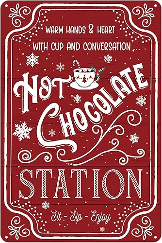 Letrero de decoración de pared vintage de Navidad, 8 x 12 pulgadas, letrero de metal de lata de chocolate rojo vivo, arte de pared retro para