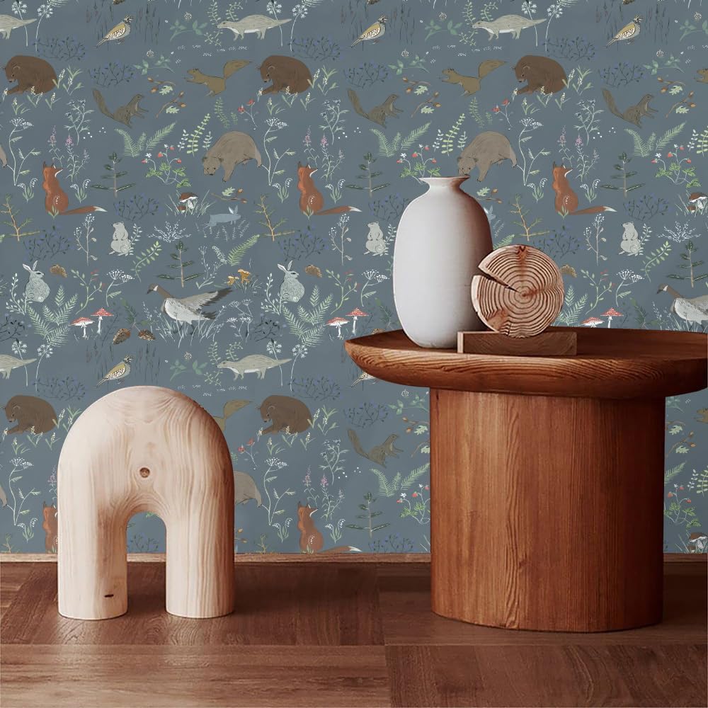 Dark Blue Grey Animal Bird Suirrel Bear Plants Forest Peel and Stick Wallpaper Easy Peel Off Stick on Adhesive Waterproof Wall Paper for Renter
