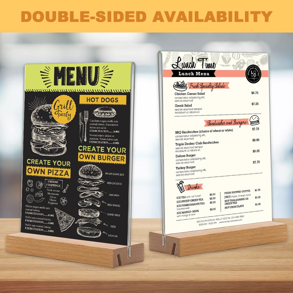 3 Pezzi Espositore in Plexiglass Trasparente A5 con Base in Legno – Porta Menu per Ristoranti, Hotel, Uffici – Cornice A5 Bifacciale (Verticale/Obliqua) (A5-4pezzi-A)