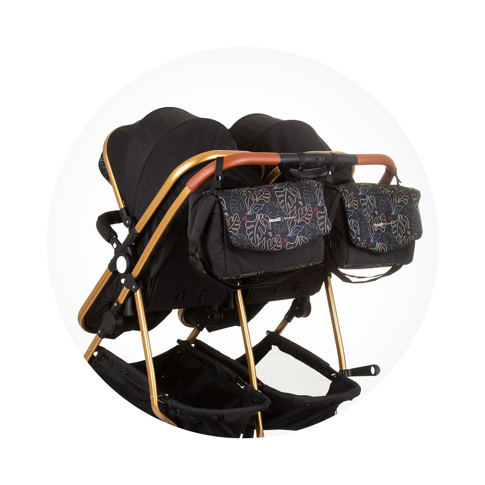 DUO SMART Poussette jumeaux ou enfants rapprochés largeur 79 cm Noir/Feuilles + 2 cosy noir/feuilles