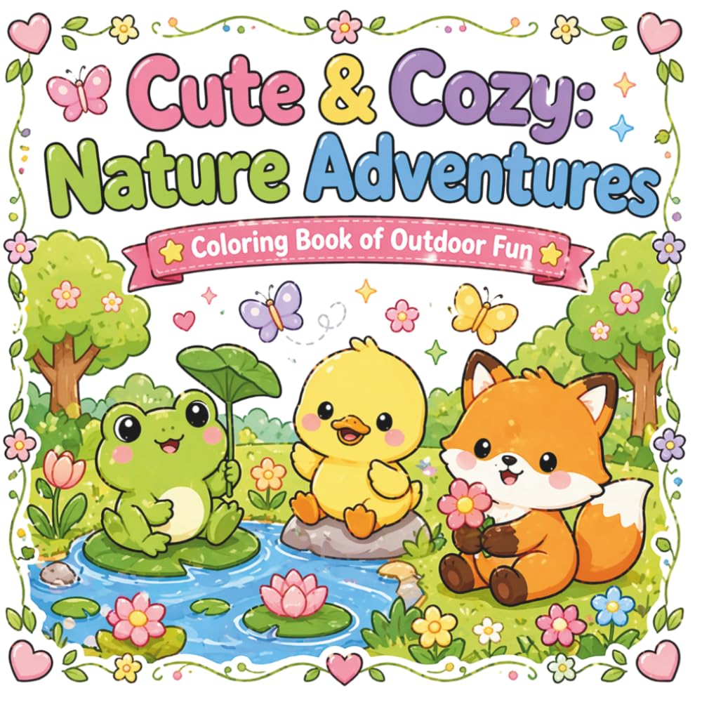 Cute & Cozy Nature Adventures Coloring Book for Adults and Kids: Kawaii Animals, Relaxing Outdoor and Garden Coloring Pages