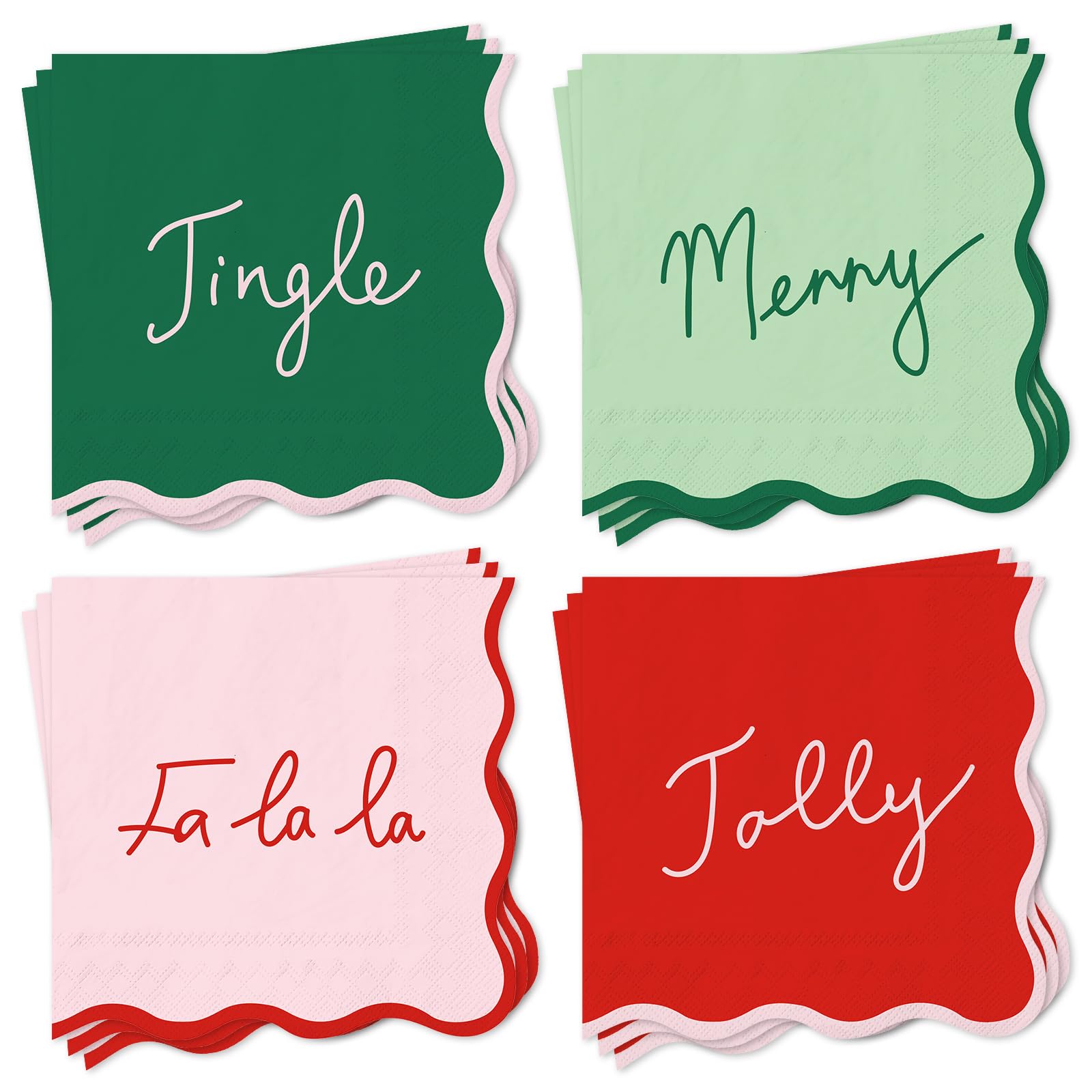 100Pcs Christmas Cocktail Napkins Red Pink Green Xmas Disposable Paper Napkin Scalloped Festive Beverage Napkin for Xmas Winter Party Supplies Tableware Decor