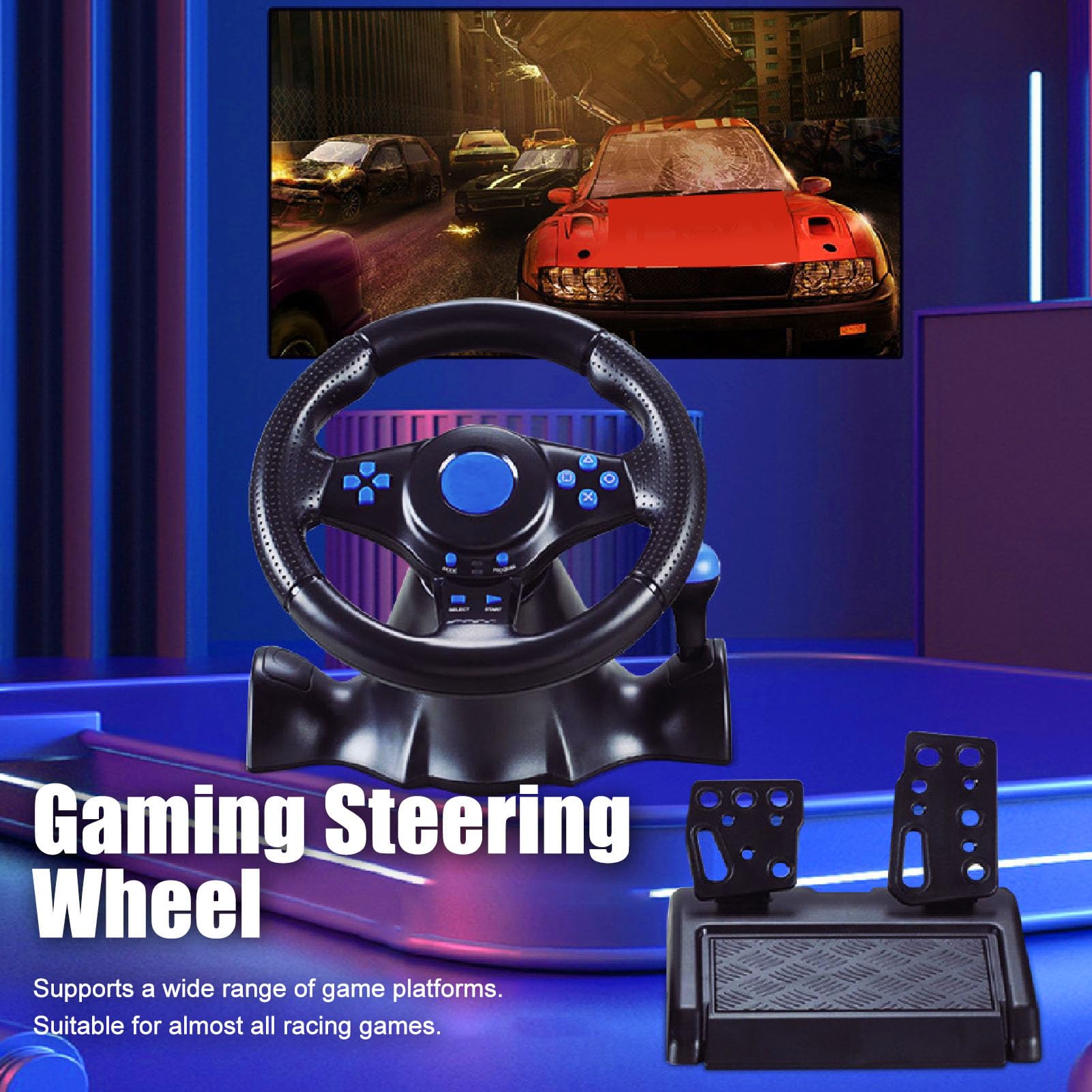 Luocute 180 ° Rotacja Wibracje Sprzężenie Zwrotne PC PC Game Game Kierowca, 4 Wiosły Modyczne Koło Wyścigowe z Liniowymi Pedałami, Koło Jazdy dla Przełącznika dla 360 dla - Plug and