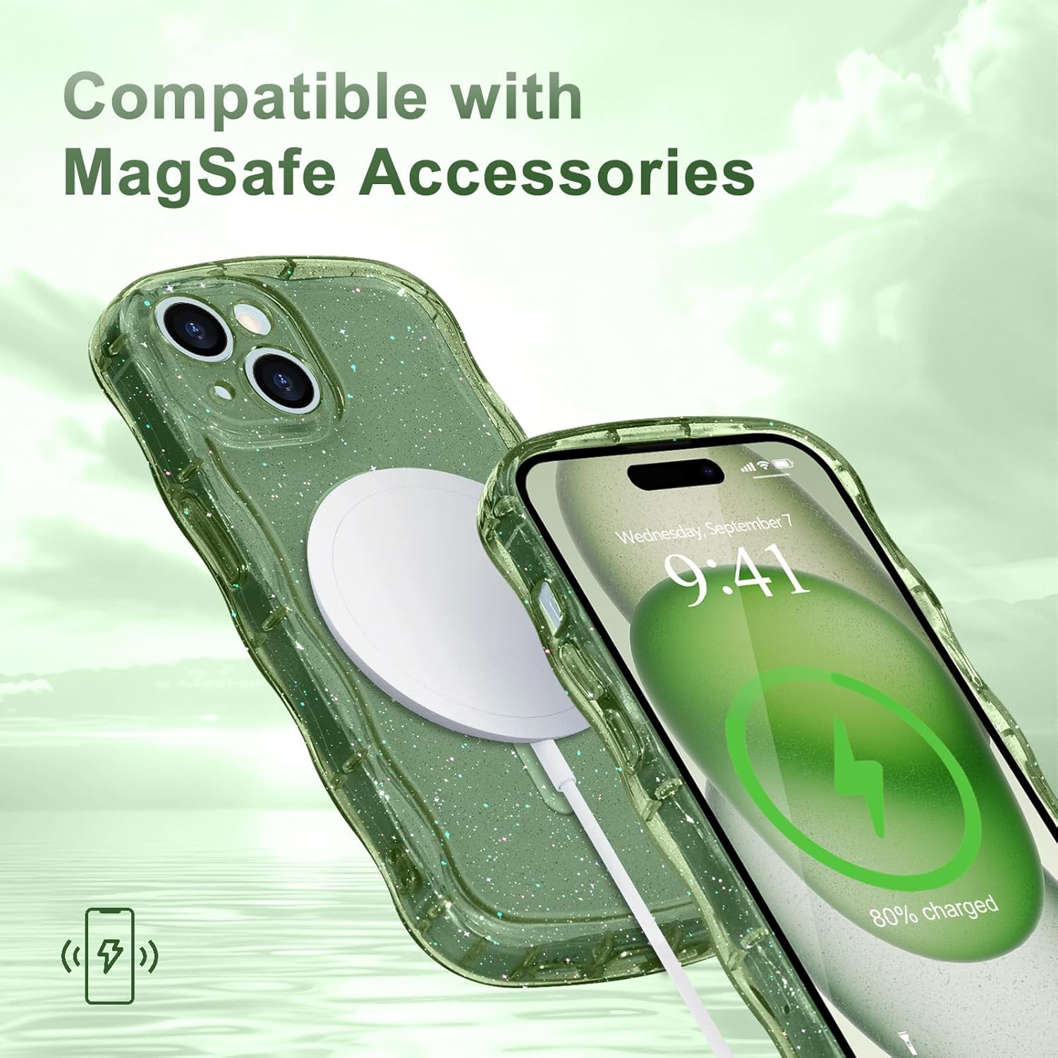Magnetic for iPhone 15 Plus Case Clear, Sparkly Bling Glitter Cute Curly Wave Bumper Cover for Women Men Compatible with MagSafe TPU Shockproof Protective Phone Case for iPhone 15 Plus Green - Image 6
