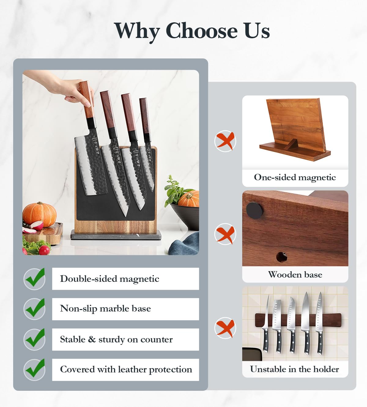 HEZHEN Juegos de Cuchillos de Cocina, Set Cuchillo de Cocina Profesional con Soporte para Cuchillos Magnético Doble Cara, Bloque de Cuchillos de Madera de