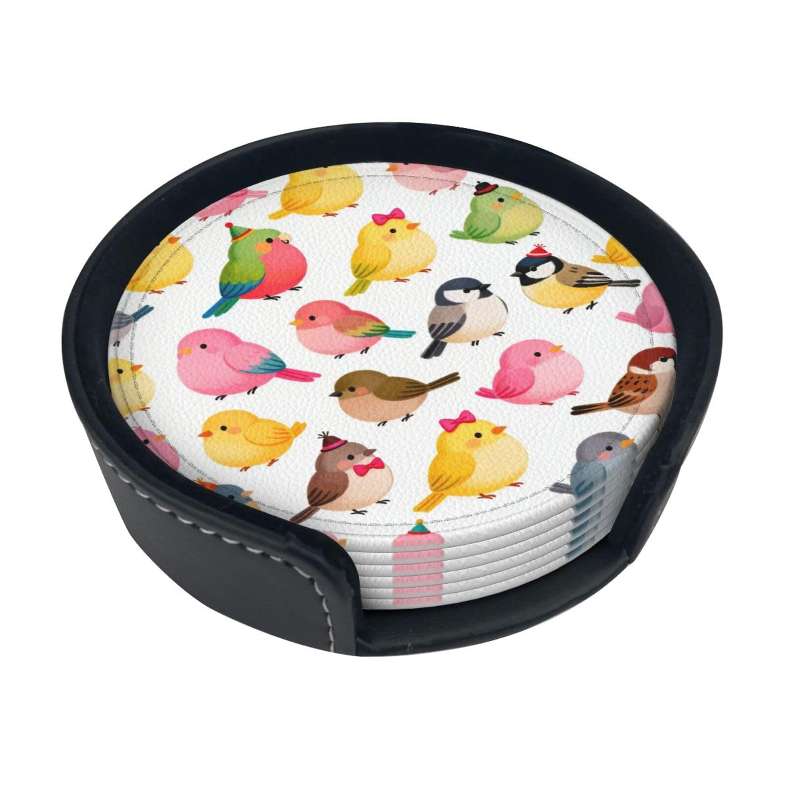 Cute little bird Leather Coasters-Set of 6 with Storage Holder