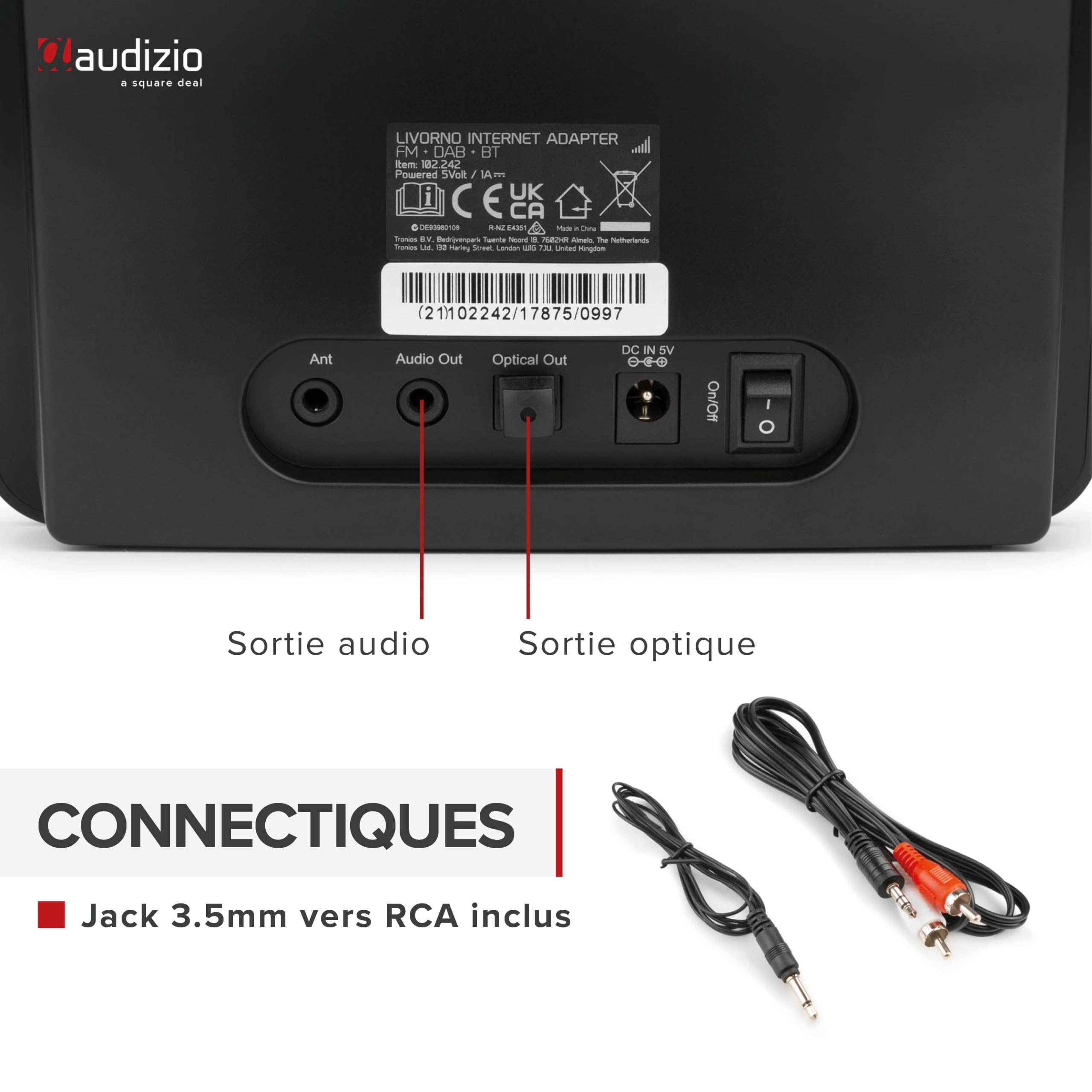 Audizio Livorno Tuner Radio Internet, WiFi, FM, Dab+, Radio Bluetooth, Grand Écran Couleur, Sortie Ligne Optique et AUX Jack 3,5mm, Idéal pour Ajouter la Radio à Votre Système Audio Existant