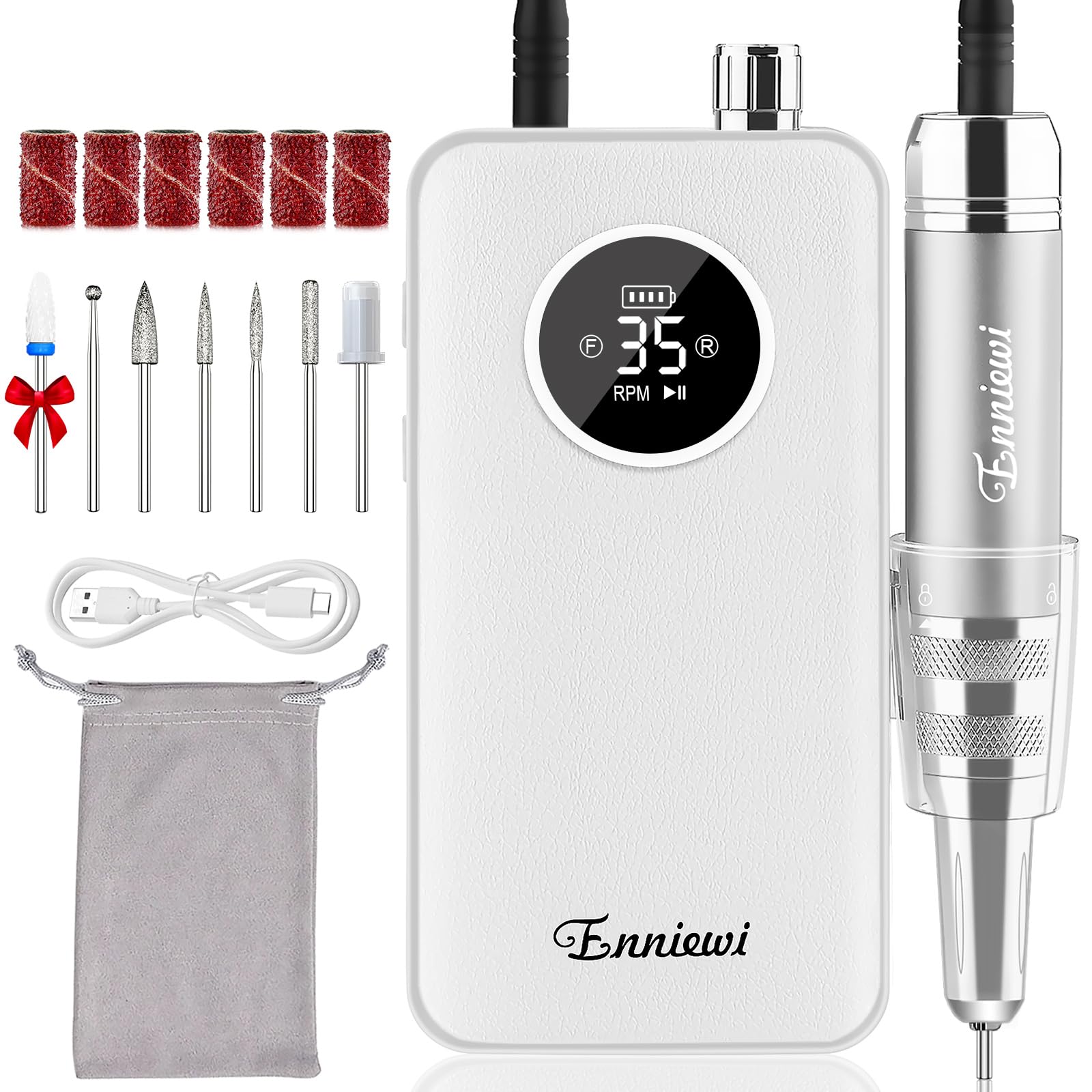 Fresa per Unghie Professionale 35000RPM per Unghie in Gel, Trapano Elettrico Ricaricabile con Display LED, Portatile, Kit Professionale per Manicure e Pedicure per Casa e Salone, 48W, Bianco