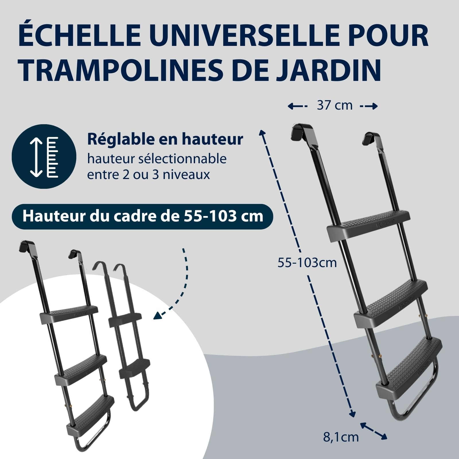 HUDORA Échelle universelle – Trampoline antidérapant avec marches larges – Échelle de sécurité réglable en hauteur pour différentes hauteurs de trampoline et résistant aux UV