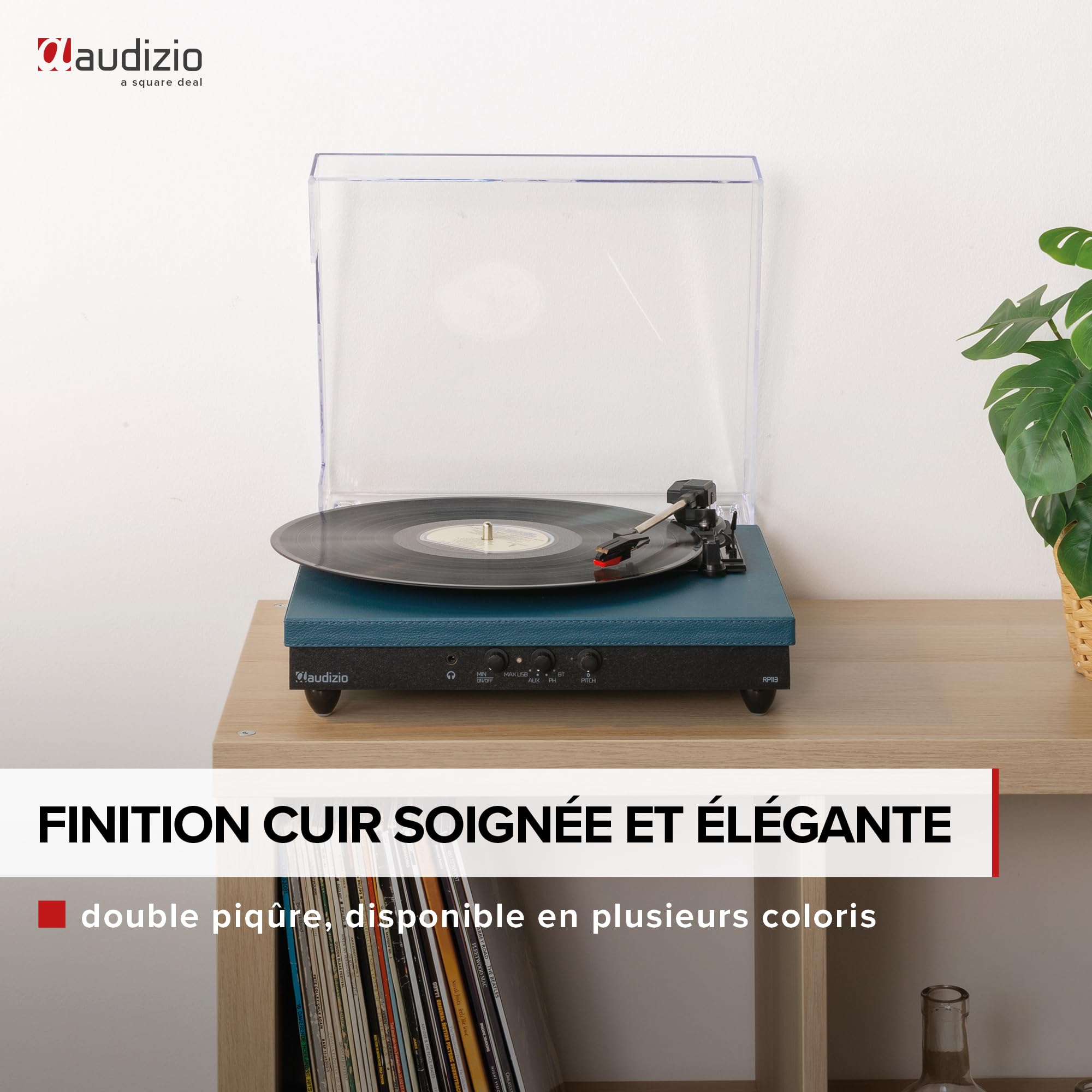 Audizio RP113D Platine Vinyle Bluetooth avec Haut-Parleurs Intégrés - Cuir Bleu Foncé, 33, 45 et 78 Tours, Émetteur Bluetooth, Une Platine Idéale pour Décorer et Écouter Vos Vinyles
