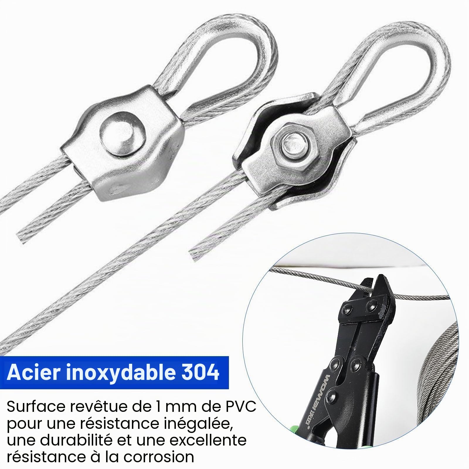 30 Mètres Câbles Inox en Acier 3mm Gainé, Cable Plante Grimpante Exterieur, pour Les Guirlandes Lumineuses, Les Cordes à Linge et Les Suspensions de Rideaux, Comprend un Jeu de Tendeurs de Câble