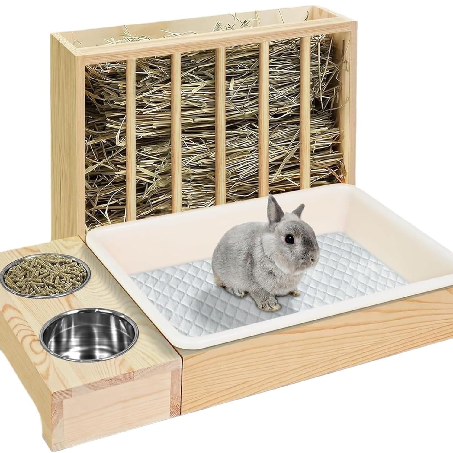 Ratelier Foin Lapin Mangeoire À Foin en Bois pour Lapin avec Bac À Litière 4 en 1 pour Petit Animal De Compagnie, Hamster, Furet，Mangeoire（Pas de Bouteille d'eau）