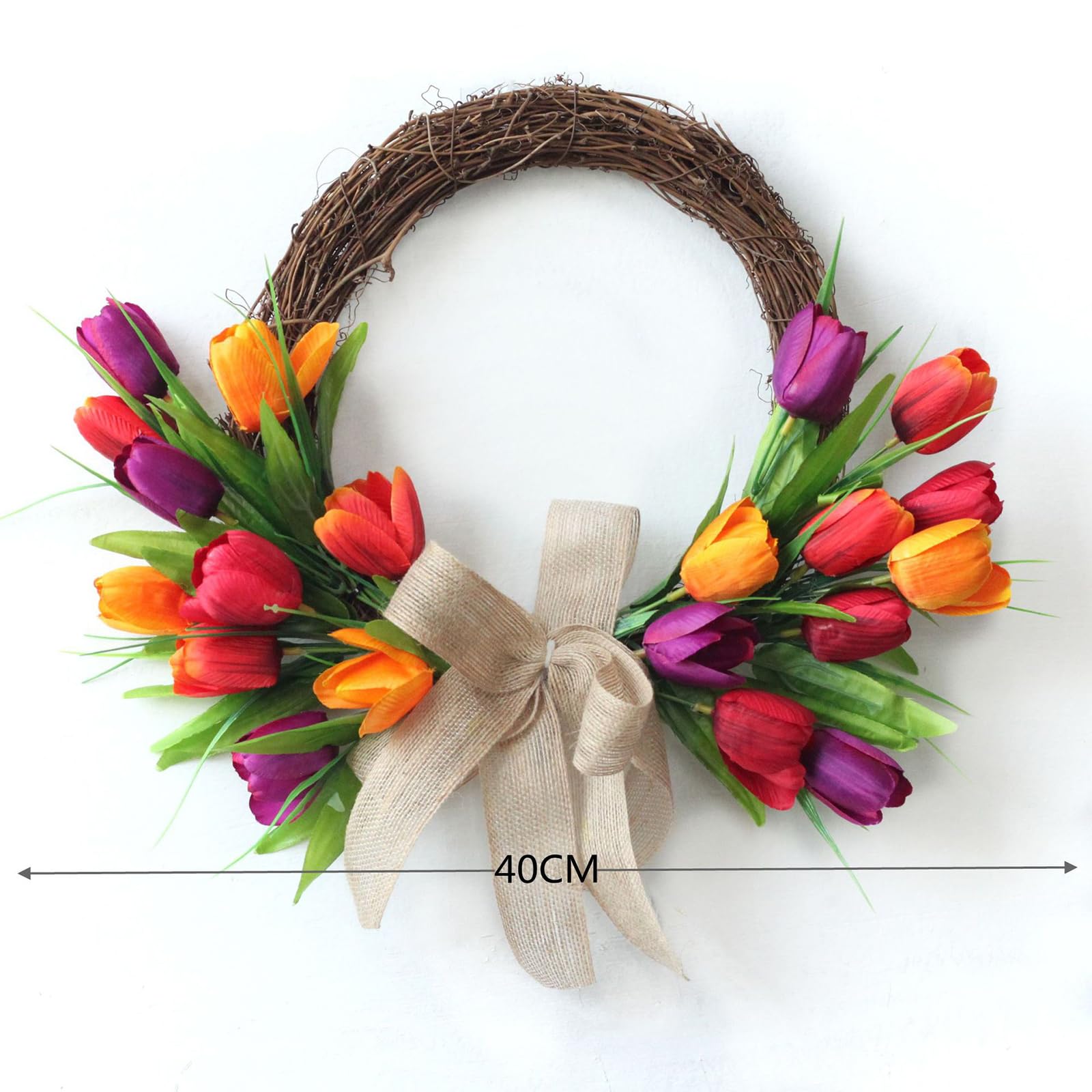 Ghirlanda di fiori artificiali, ghirlanda di tulipani artificiali da 35 cm, ghirlanda di tulipani in rattan a semicerchio, ghirlanda di fiori di seta primaverili for la decorazione della casa, decoraz