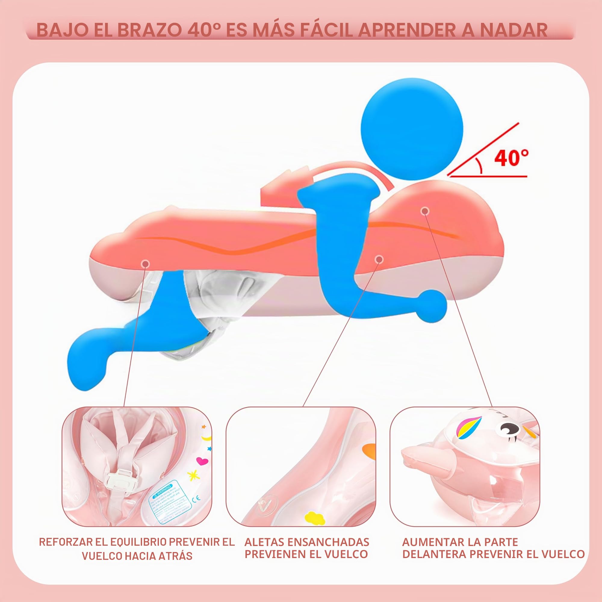 Flotador inflable de unicornio para bebé con toldo de 3-6-12 meses, flotador de piscina para bebé, anillo de flotador, asiento inflable para bebé con toldo de sombra para 6-12-18-36 meses, rosa