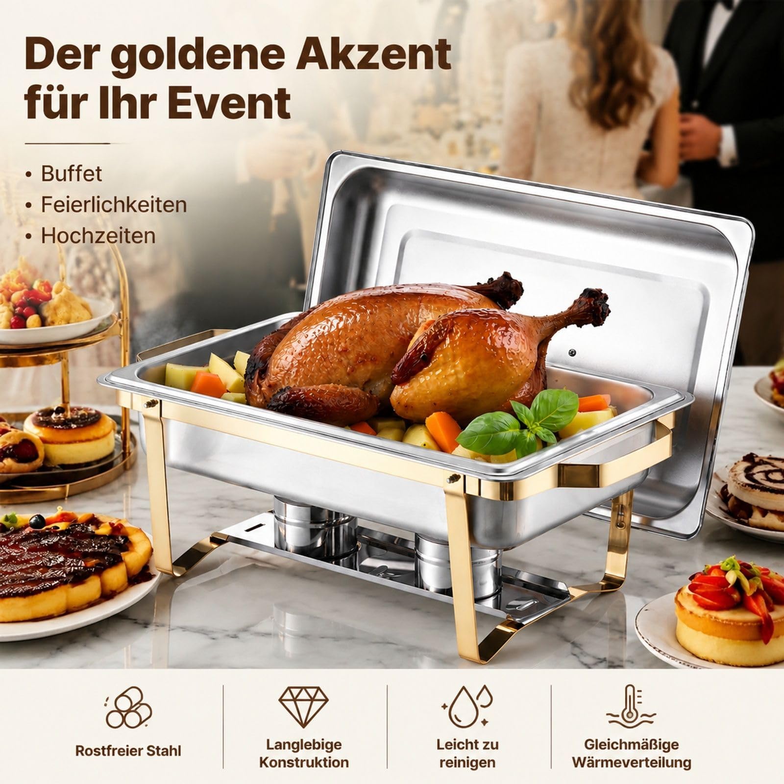 Rechteckiger Chafing Dish 4-teilig 7,5 L aus Edelstahl in Goldoptik für Buffet und Hotel