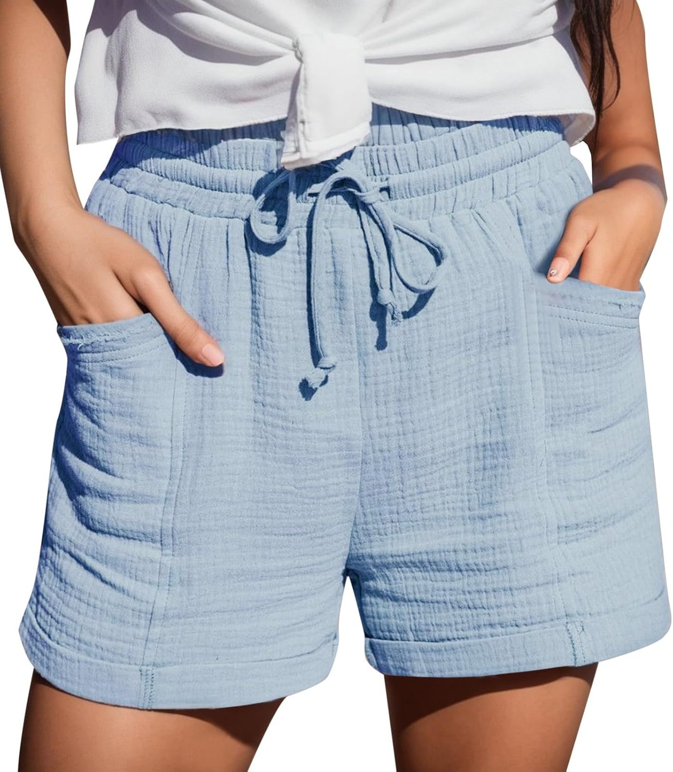 Linen Shorts for Women Plus Size Summer Gauze Beach Shorts with Pockets Comfy Elastic Waist Casual Lounge Drawstring