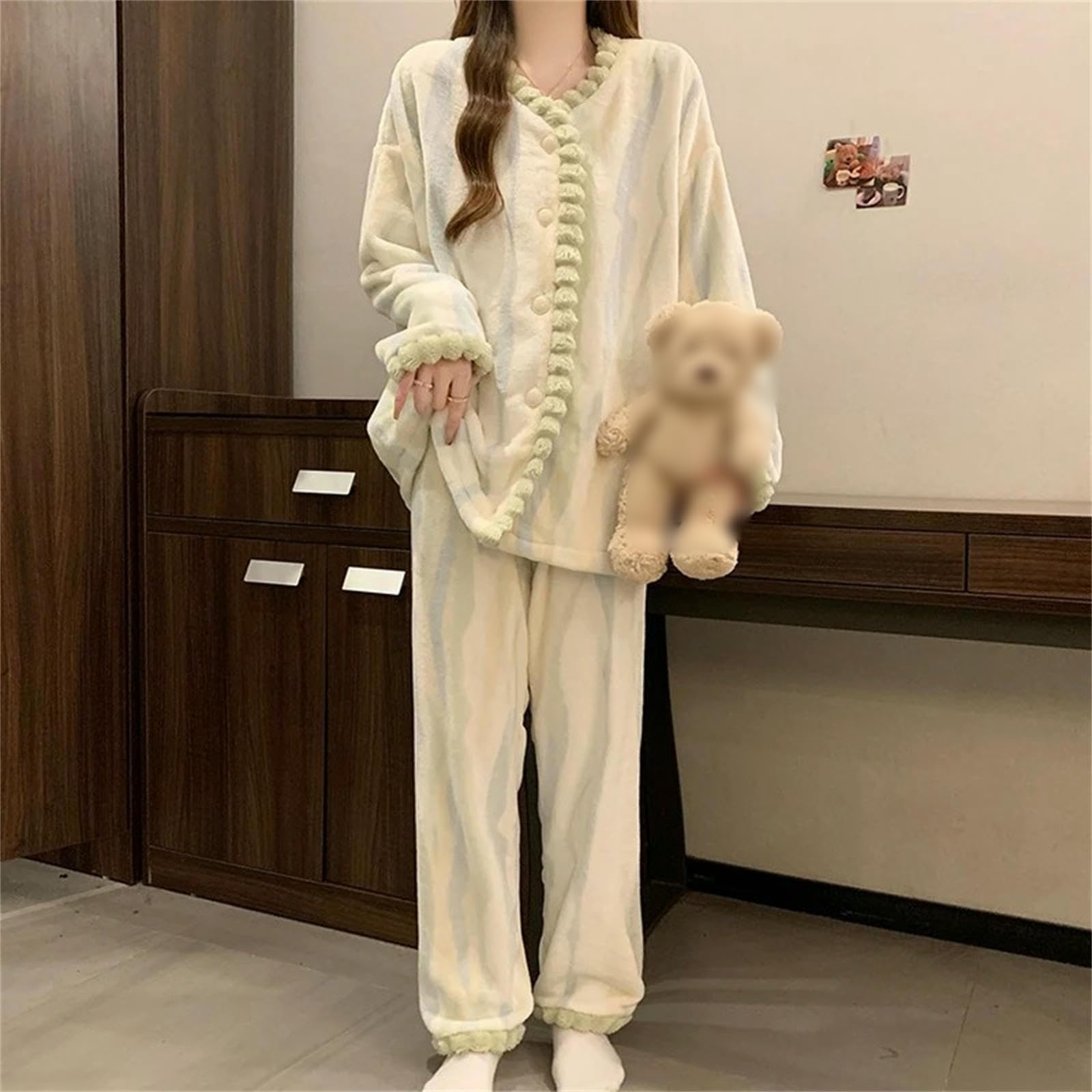 Pigiama da Donna in Pile Corallo, Set di Abbigliamento Casa Caldo E Addensato per L'autunno l'inverno -Verde-l