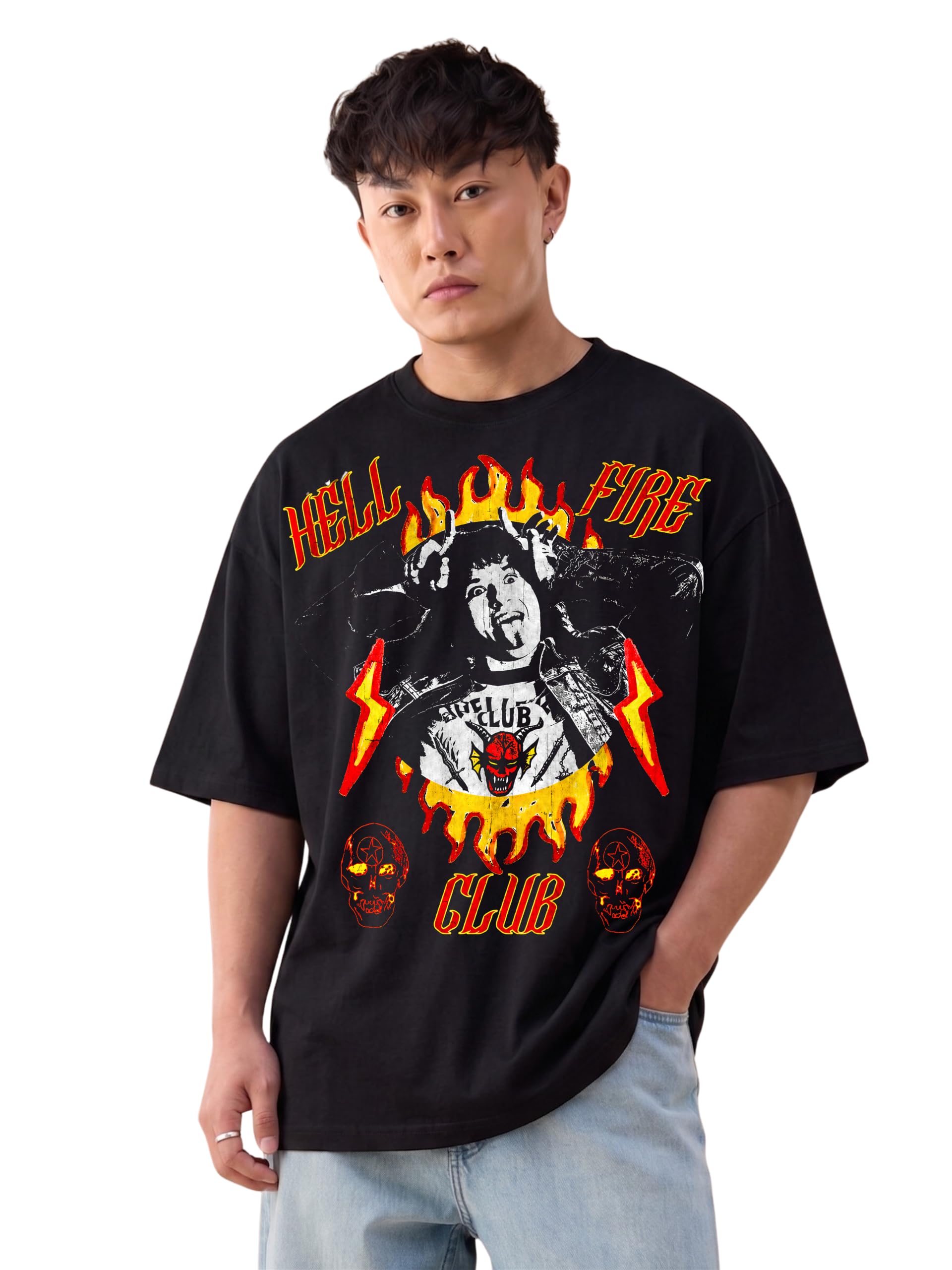 wölfin Men's Oversized Graphic Printed T-Shirt | Hell Fire Club Devil Graphic | 220 GSM Bio Wash Premium Cotton | Streetwear Casual T-Shirt for Men-picture-41