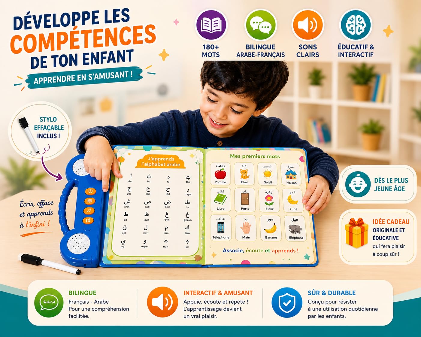 Livre Audio Arabe Français Enfant – Jouet Éducatif Islamique Interactif dès 3 Ans | Apprentissage Alphabet Arabe, Sourates, Invocations & Prières | Stylo Effaçable Inclus | 180+ Mots