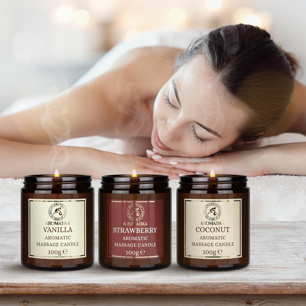 Vela de Masaje Set Vainilla Coco Fresa 3x100g Cera de Soja Aceites de Coco Almendras Monoi Tahiti Aromaterapia Calmante