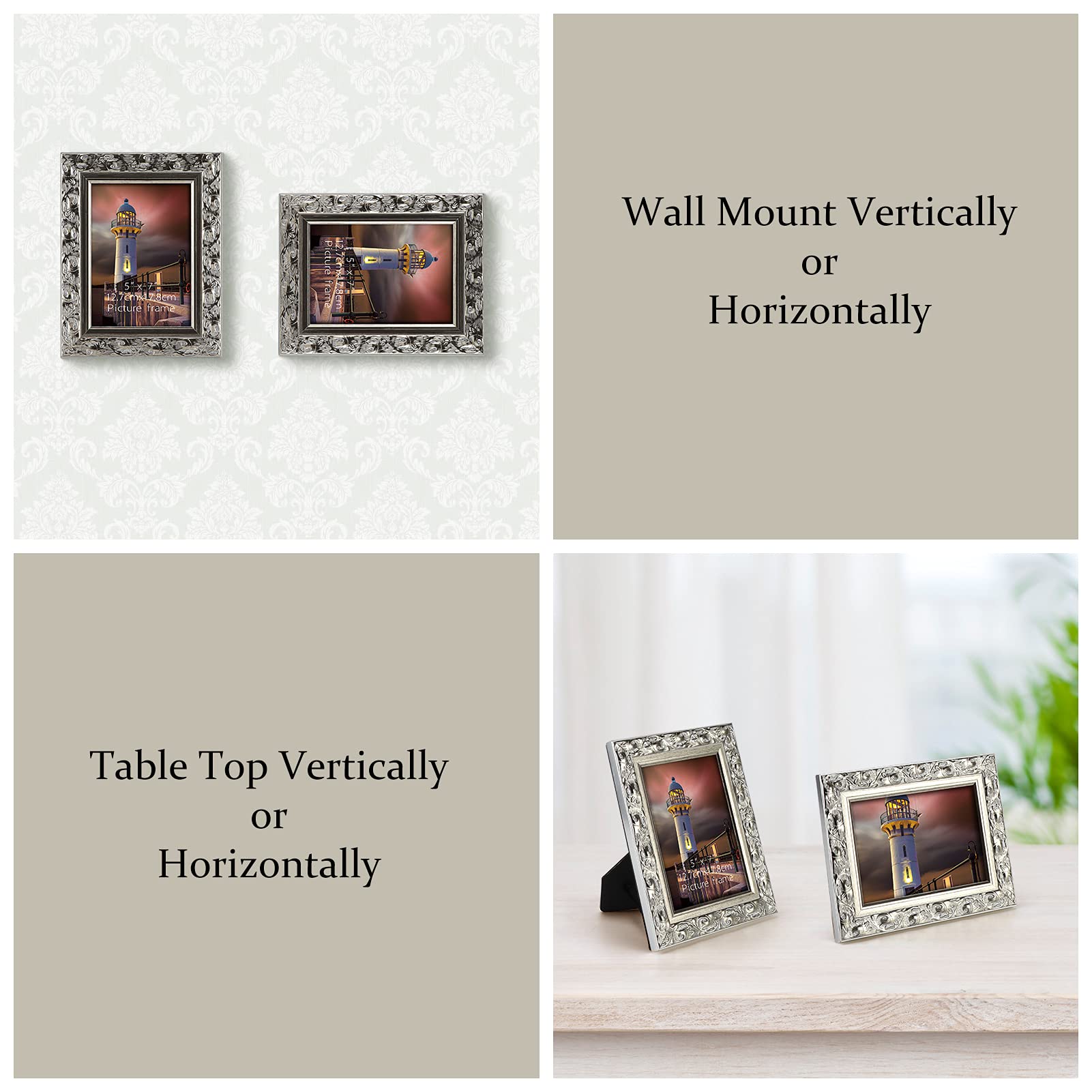 EdenseeLake 5x7 Picture frames Set of 2, Vintage Photo Frame With Carved Retro Pattern For Wall and Tabletop Decoration, Silver