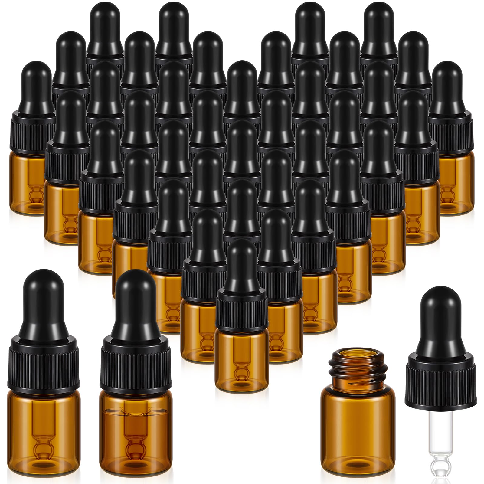 200 Pcs Mini Glass Dropper Bottles Mini Dropper Bottles Sample Bottles Small Sample Vials with Lid for Traveling Essential Oils Cosmetic Liquid Sample Perfume (Amber,2 ml)