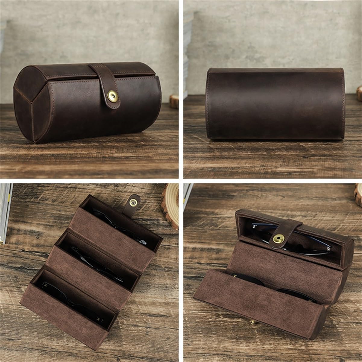Étui à Lunettes Vintage en Cuir 3 emplacements, cylindrique, Fermeture Pression, Doublure Velours, Rangement Portable Homme Femme