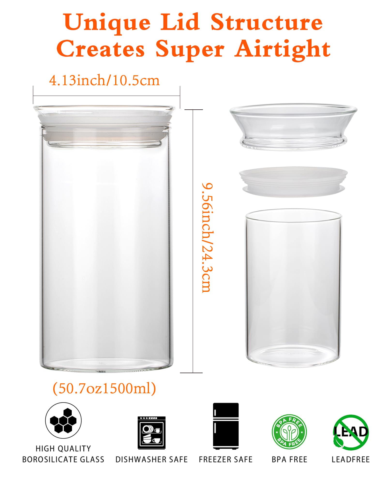 ZENS Juego de 2 tarros de vidrio para almacenamiento de alimentos, 50 onzas de vidrio transparente con tapas herméticas, recipiente grande de azúcar para pasta de despensa de cocina, harina, tarros de