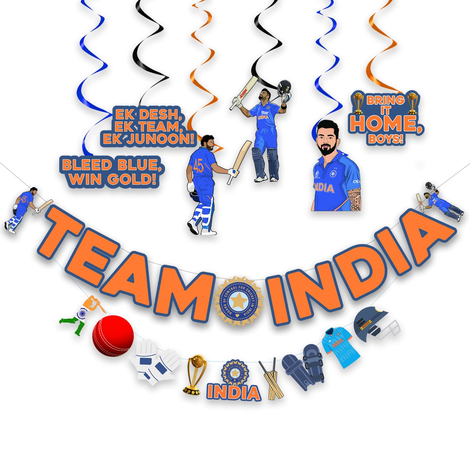 Party Propz Cricket Theme Decoration Items-Pack Of 8Pcs Cricket Worldcup Theme Swirls|Cricket Theme Swirls, Team India Party Decoration|Cricket Theme Banner (Cardstock) - Multicolor