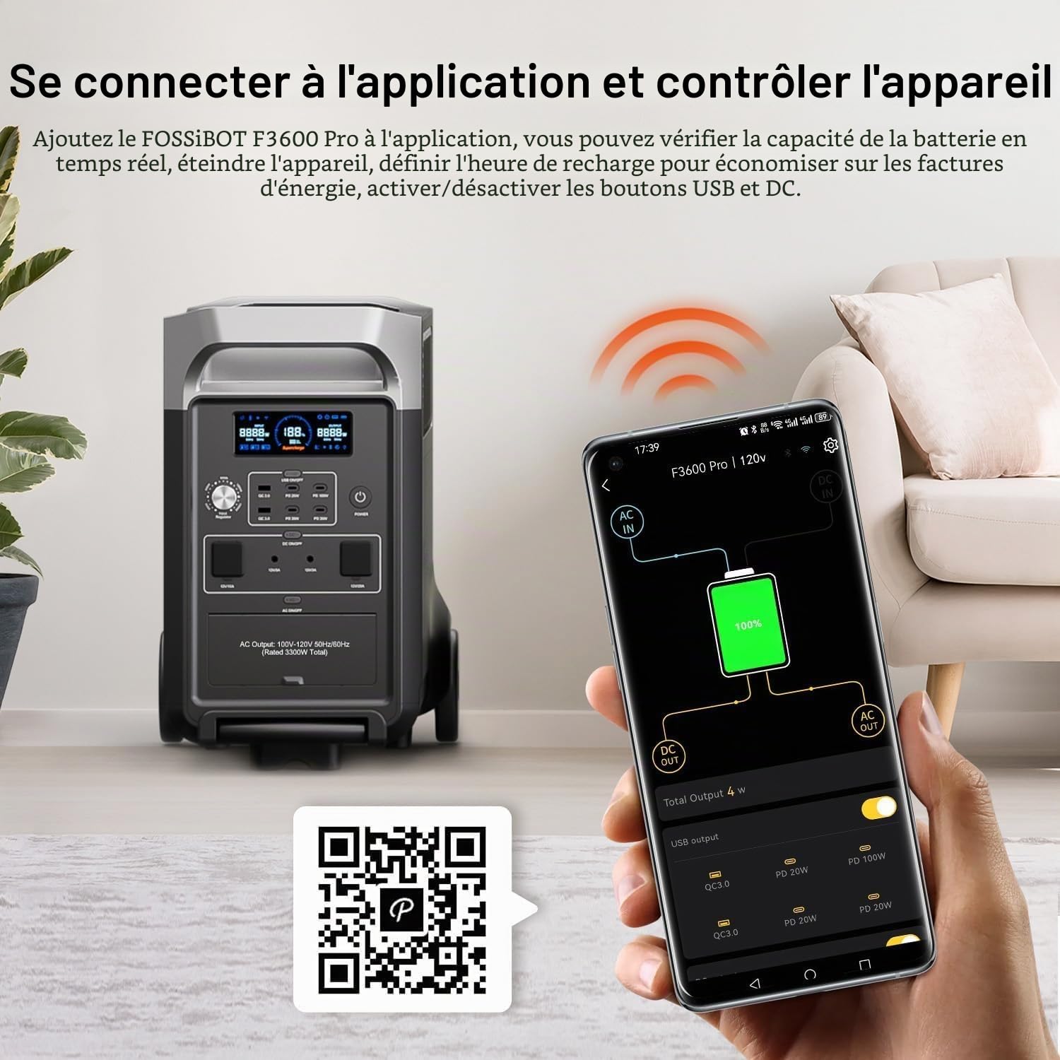 FOSSiBOT F3600 Pro Station d'alimentation portable 3840 Wh LiFePO4, générateur solaire, 3 x 230 V CA, sortie 3600 W (crête 7200 W), générateur de tempêtes, recharge rapide, pour voyage, camping en