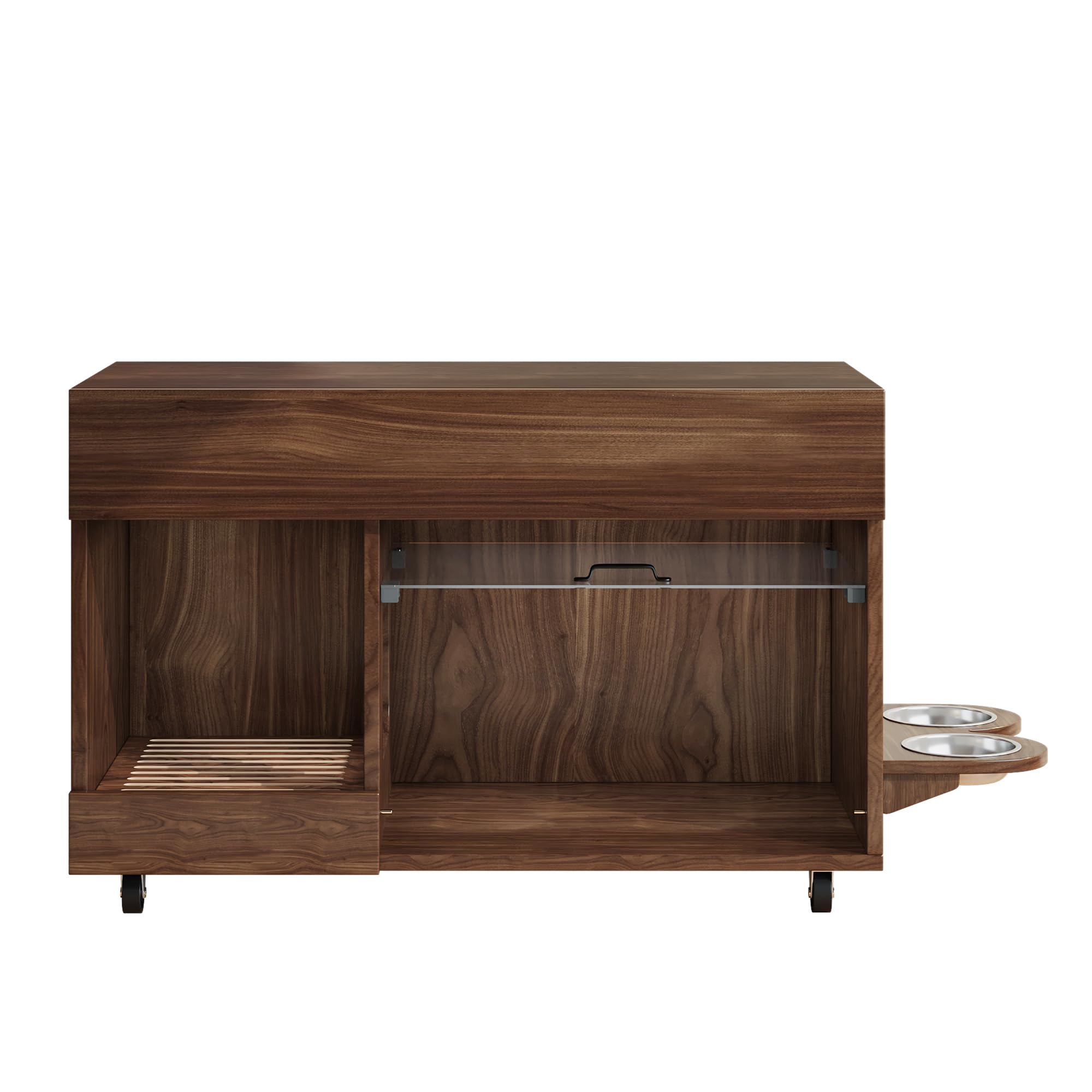 Katzenklo-Schrank, Bewegbar mit Sandauffangschale & Futterstation, Katzentoilettenschrank mit Lochplatte & Aufbewahrungsregal für Katzenzubehör, 100x45.5x67cm Nussbaum