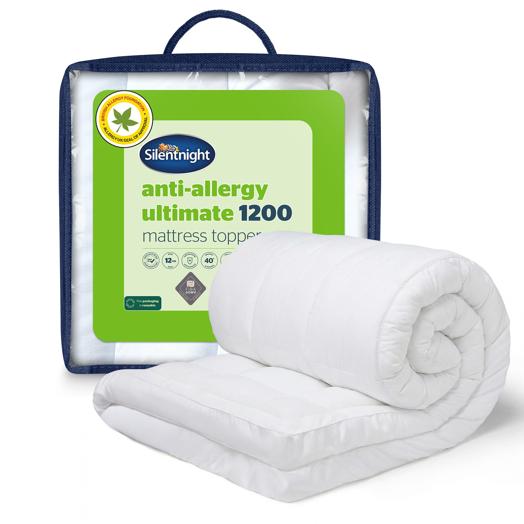Silentnight Anti Allergy Ultimate Mattress Topper - 12cm Ultra Deep - Anti-Bacterial Dust Mites & Odour Protection - Luxury Fibadown™ Fibres & Box-Stitched Edge - Quilted Cover and Fit Straps, Double