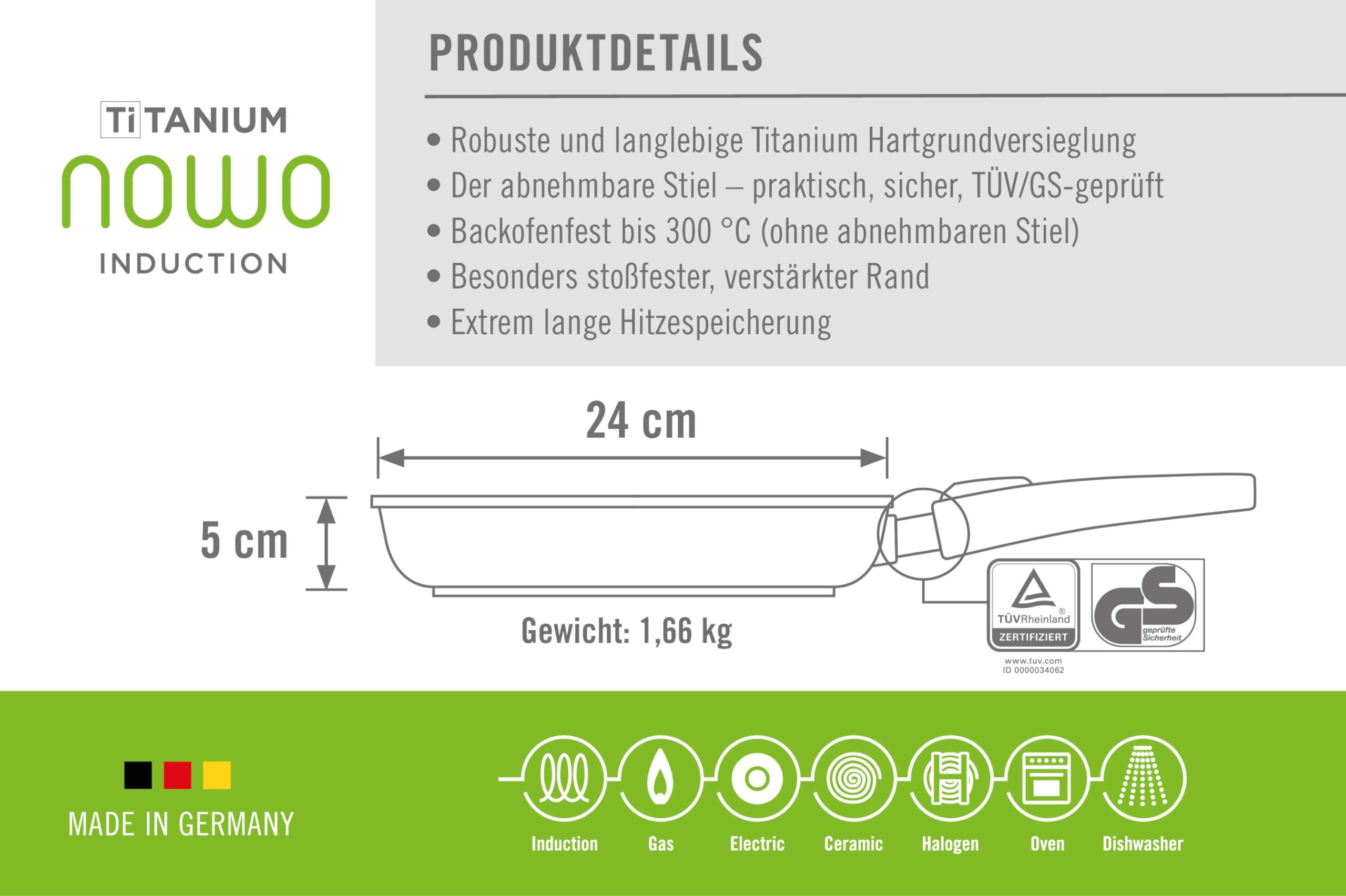 Woll Nowo Titanium patelnia płaska – indukcyjna, Ø 24 cm, wysokość 5 cm, ze zdejmowanym trzonkiem, nadaje się do wszystkich rodzajów kuchenek, odlew aluminiowy, powłoka zapobiegająca przywieraniu