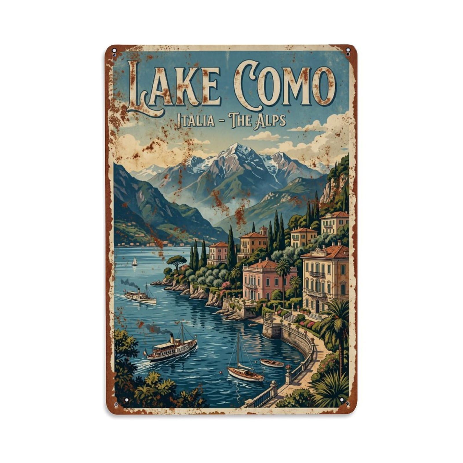 Vintage Travel Lake Como Italy Metal Tin Sign Wall Decor for Cafe, Club, Garden Metal Poster 8x12Inch