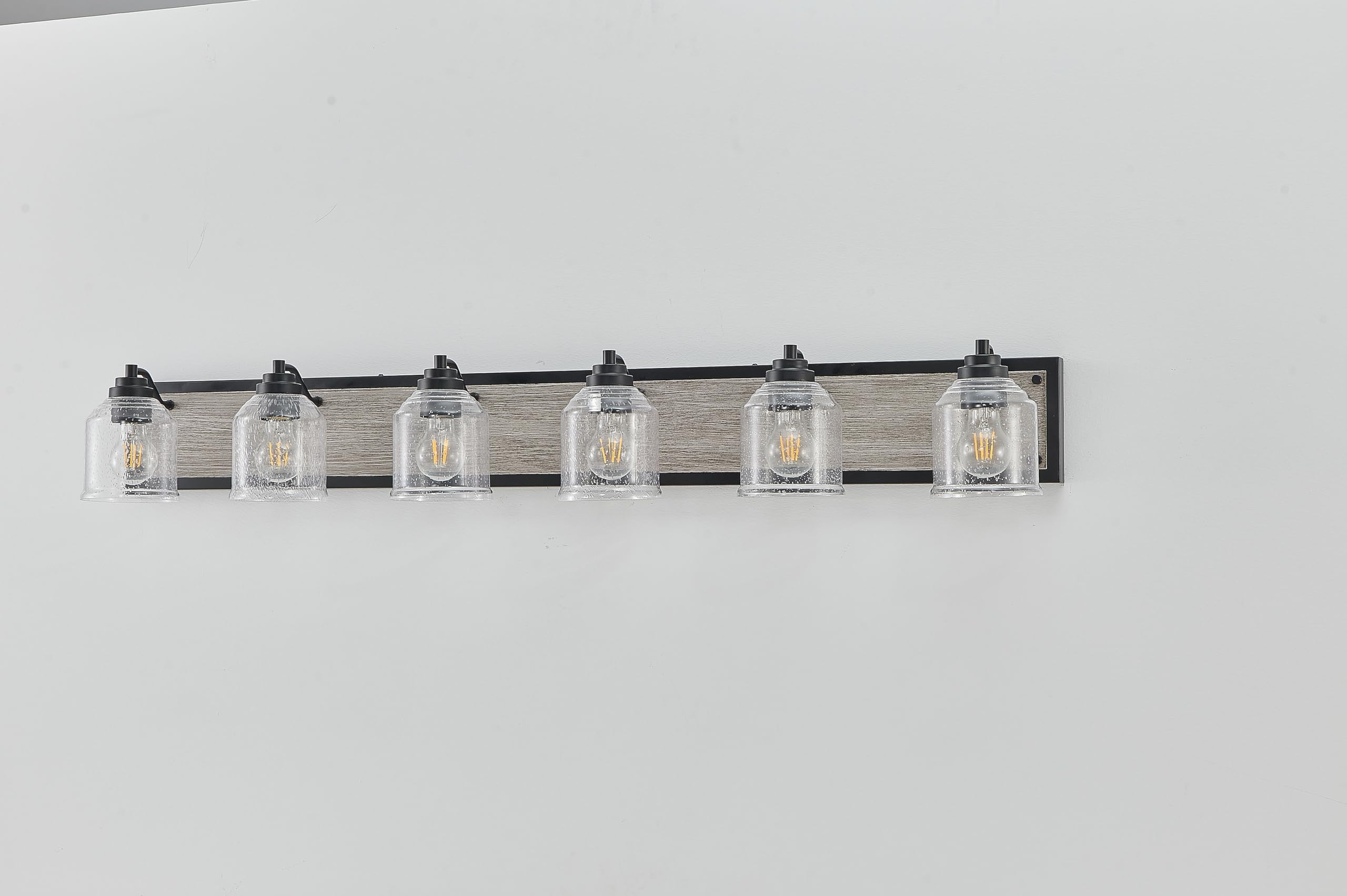 VDOQTLJT Illuminates Spaces with 6-Light Bathroom Wall Sconce Rustic Black Finish with Wood Backplate Unique Seeded Glass for Modern Industrial Style