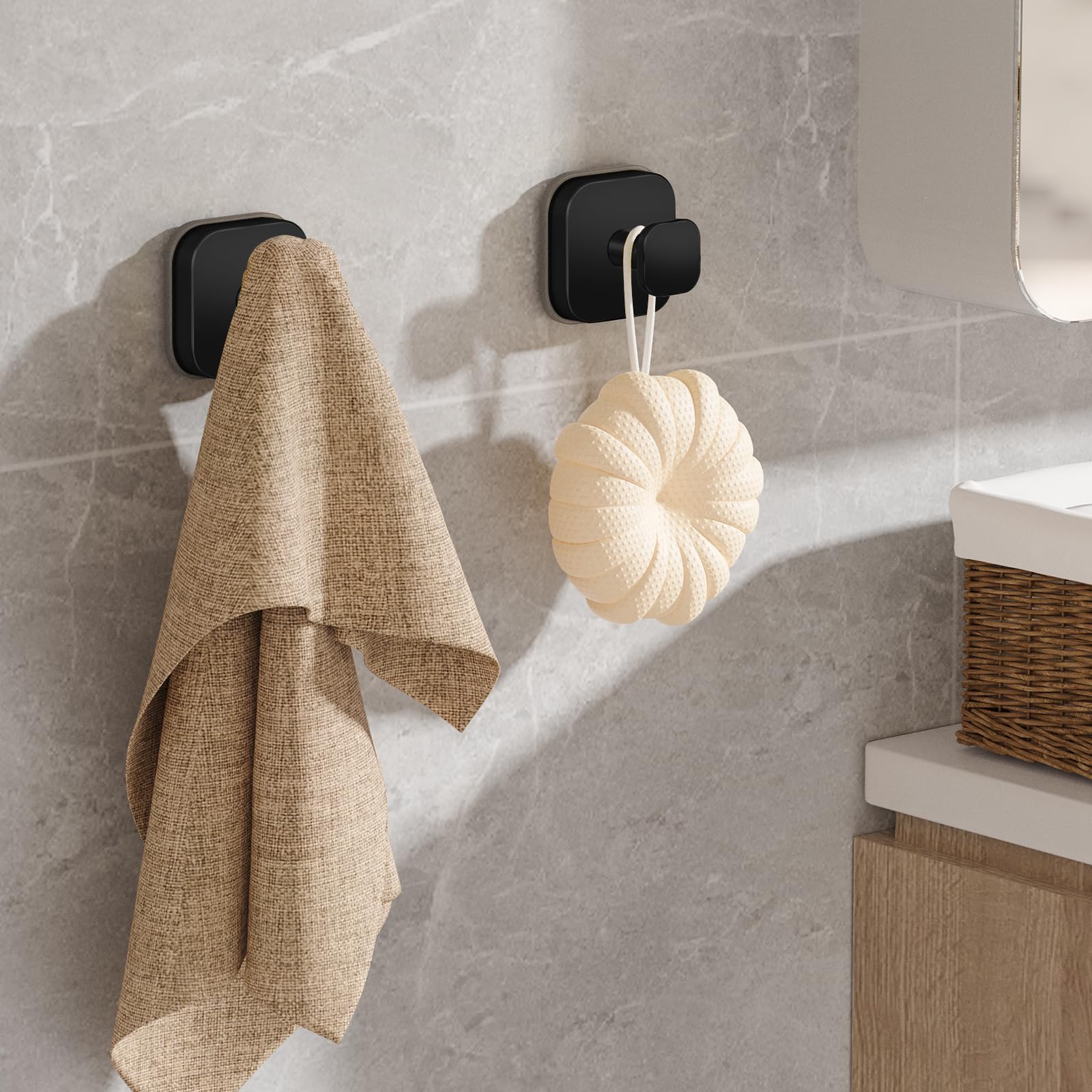 BKV Suction Cup Hooks for Shower,Heavy Duty Shower Hooks for Bathroom Wall,Glass Windows,Smooth Doors to Hang Towels,Robes,Coat,Reusable Suction Cup Wreath Hanger for Christmas Wreaths-Black(2 Pack)