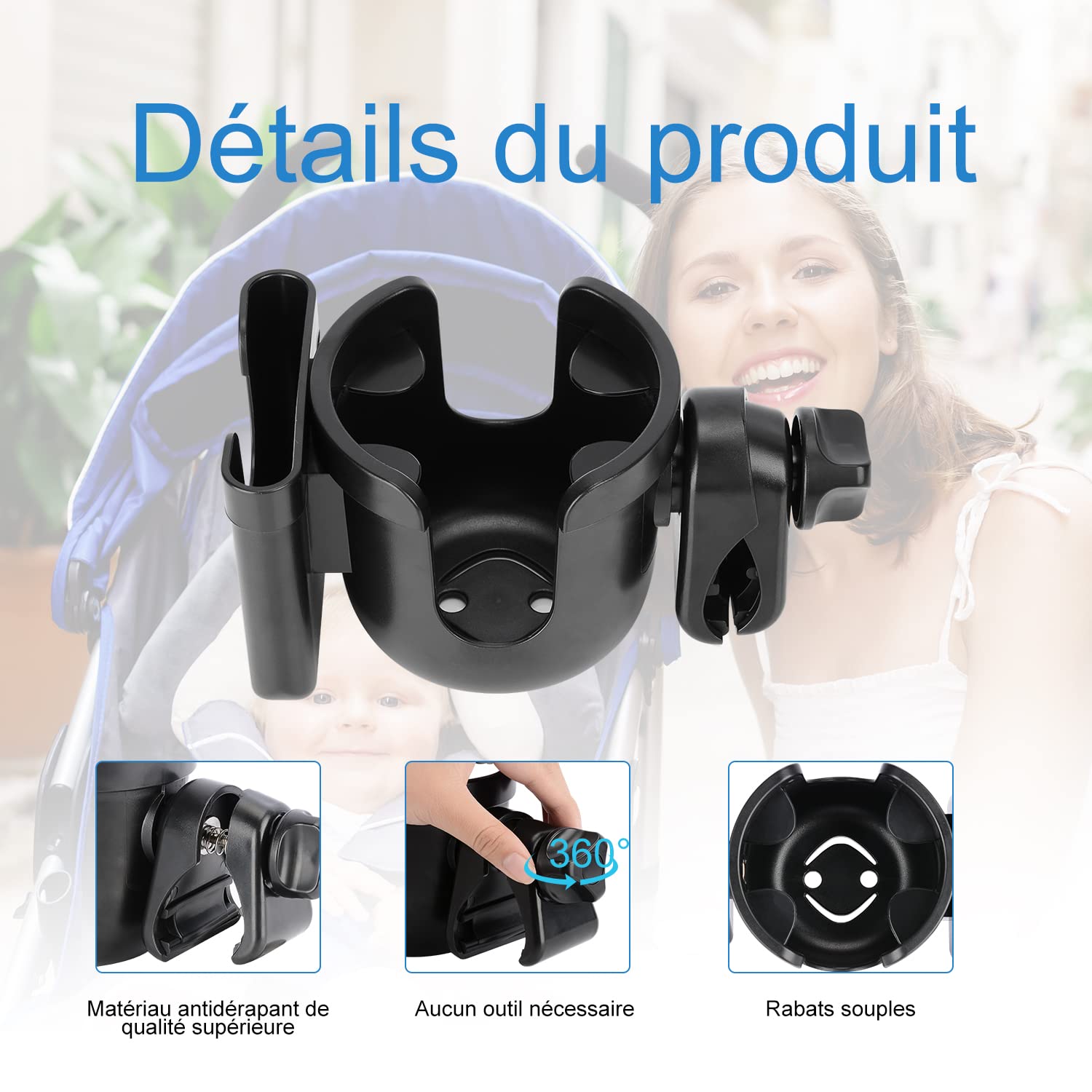 supregear Porte Gobelet Poussette, Rotatif à 360 Degrés 2 en 1 Parent Porte Gobelet Porte Bouteille d'eau Support de Téléphone pour Poussette Marcheur Vélo, Noir et sans Outil