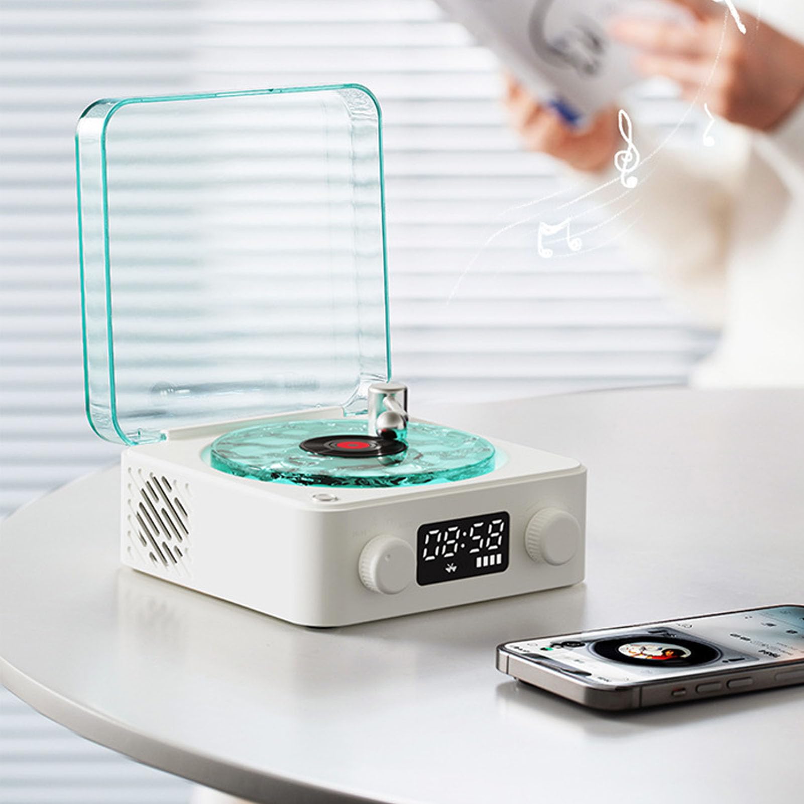 Głośnik Bluetooth w Stylu Vintage Gramofon, Głośnik Bluetooth w Stylu Retro z lampką nocną i Zegarem i Radiem, Krystalicznie Czysty Głośnik Stereo do Sypialni, Imprezy, Biurka