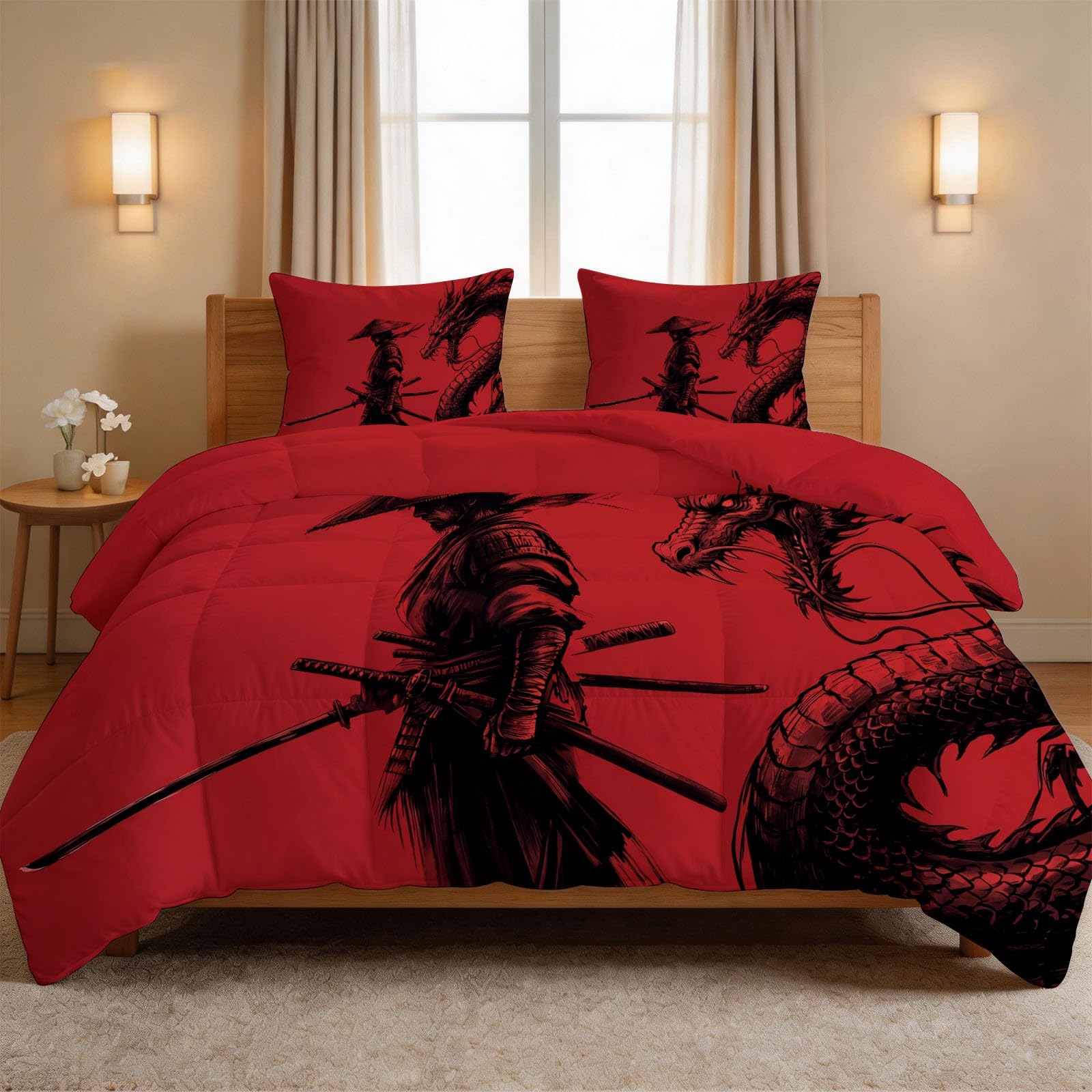 Couette dragon samouraï anti-acarien grand lit double réversible