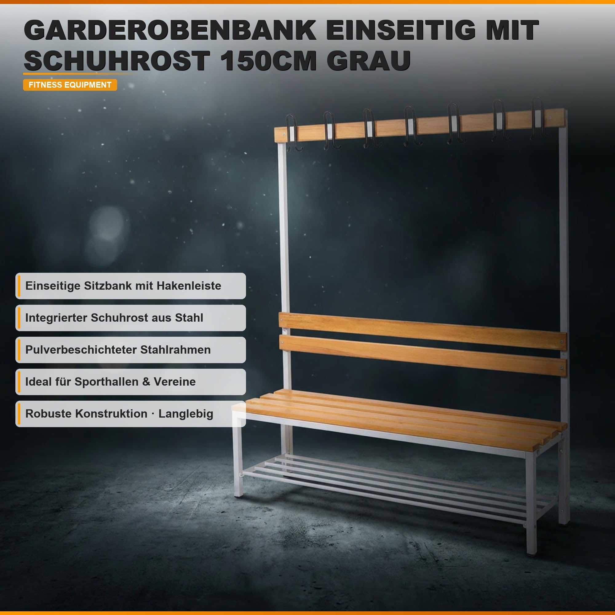 furni24 Umkleidesitzbank Stahlrahmen TÜV/GS – Garderobenbank Sportraum Fitnessstudio Buche Echtholz doppelseitig einseitig Schuhrost
